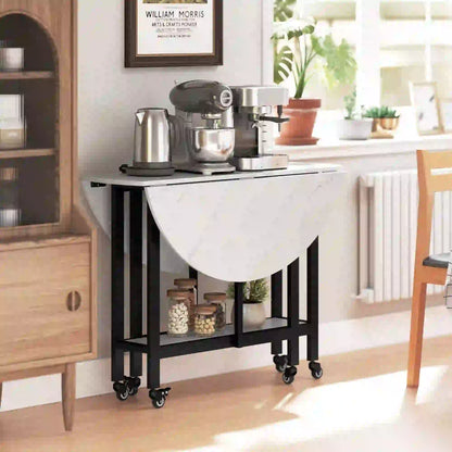 Folding Drop Leaf Table, White Marble, Open Shelf, Rolling Kitchen Table, White Dining Tables at Gallery Canada