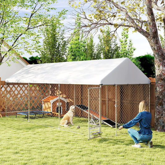Outdoor Dog Run, Adjustable Bowls, Waterproof Cover, 19.7' x 7.5' x 7.5' Houses, Kennels & Pens Silver at Gallery Canada