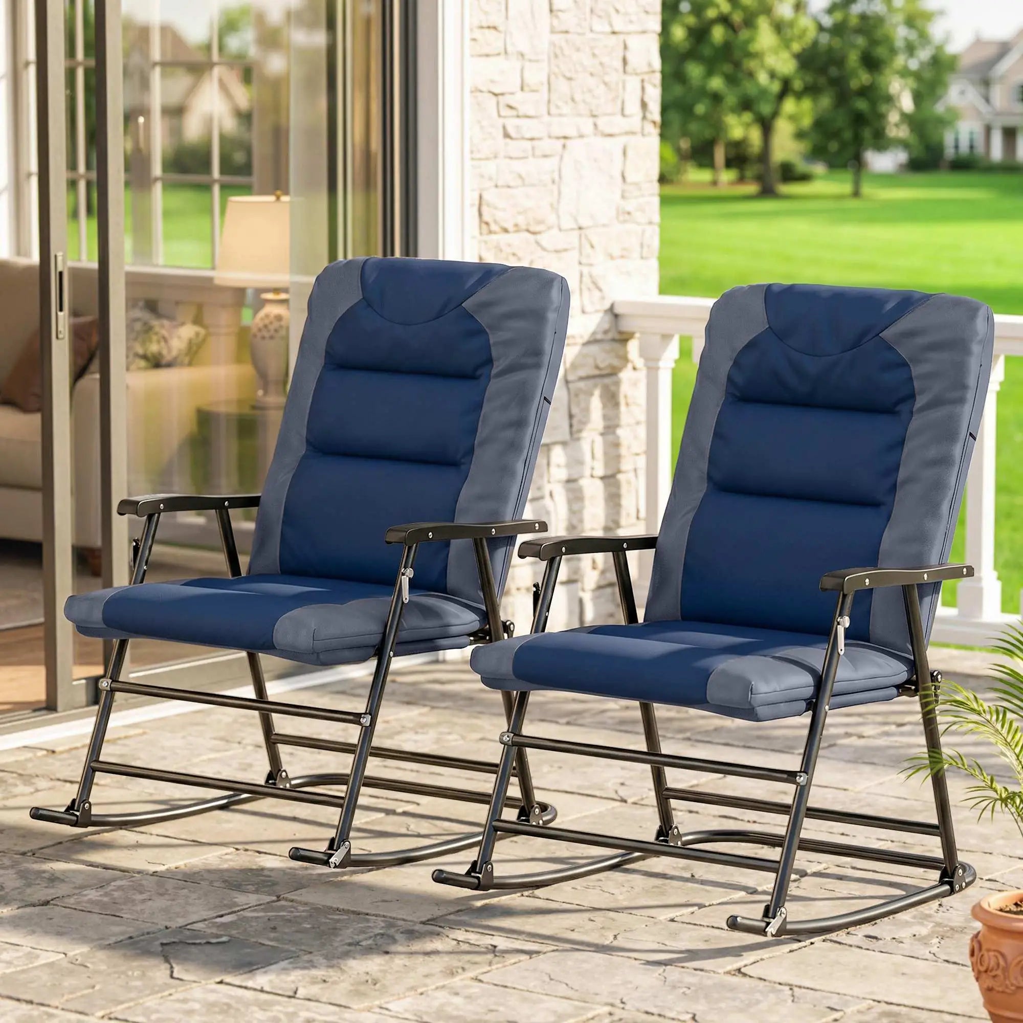 Folding Rocking Chair Set, 2 Padded Rockers with Armrest, Navy Blue Outdoor Rocking Chairs at Gallery Canada