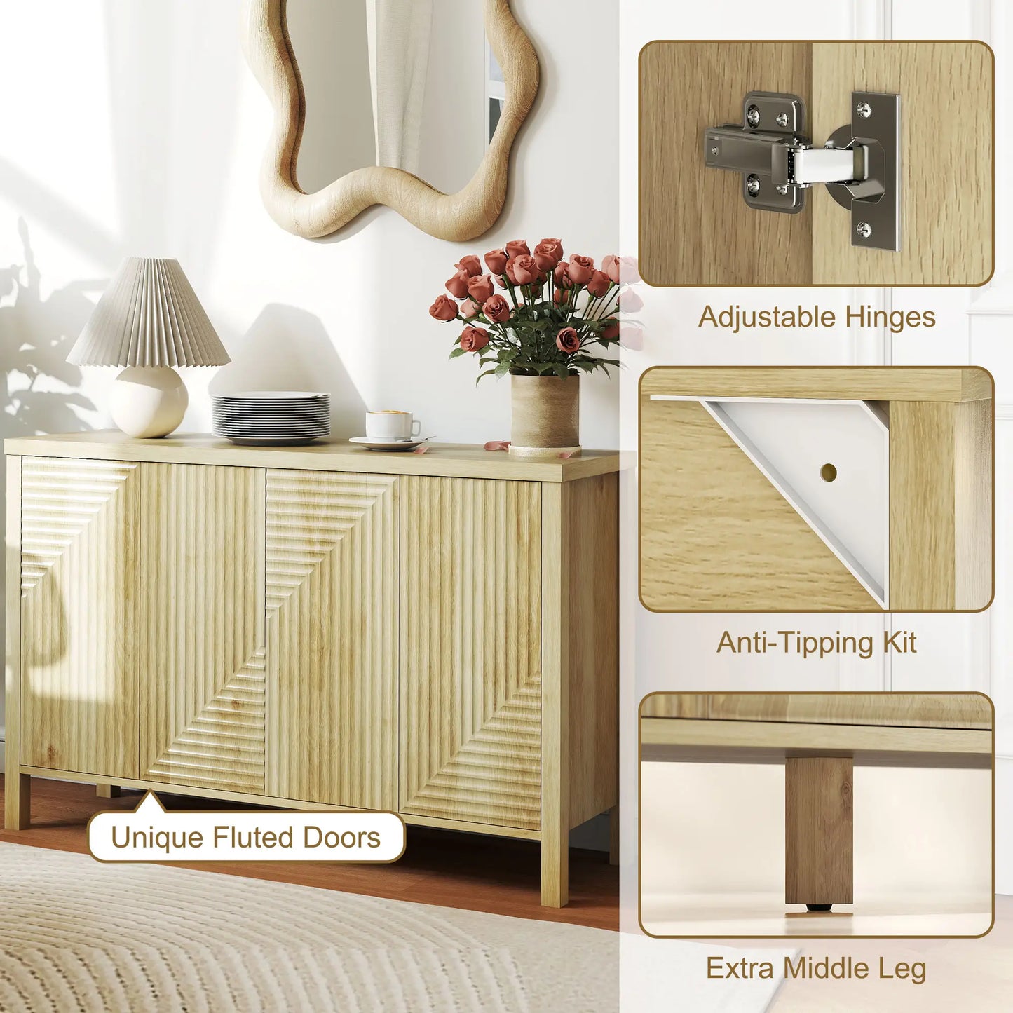 47 Inch Buffet Cabinet, Fluted Sideboard, Push Open, 2 Shelves, 4 Doors, Natural Bar Cabinets at Gallery Canada