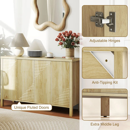 47 Inch Buffet Cabinet, Fluted Sideboard, Push Open, 2 Shelves, 4 Doors, Natural Bar Cabinets at Gallery Canada