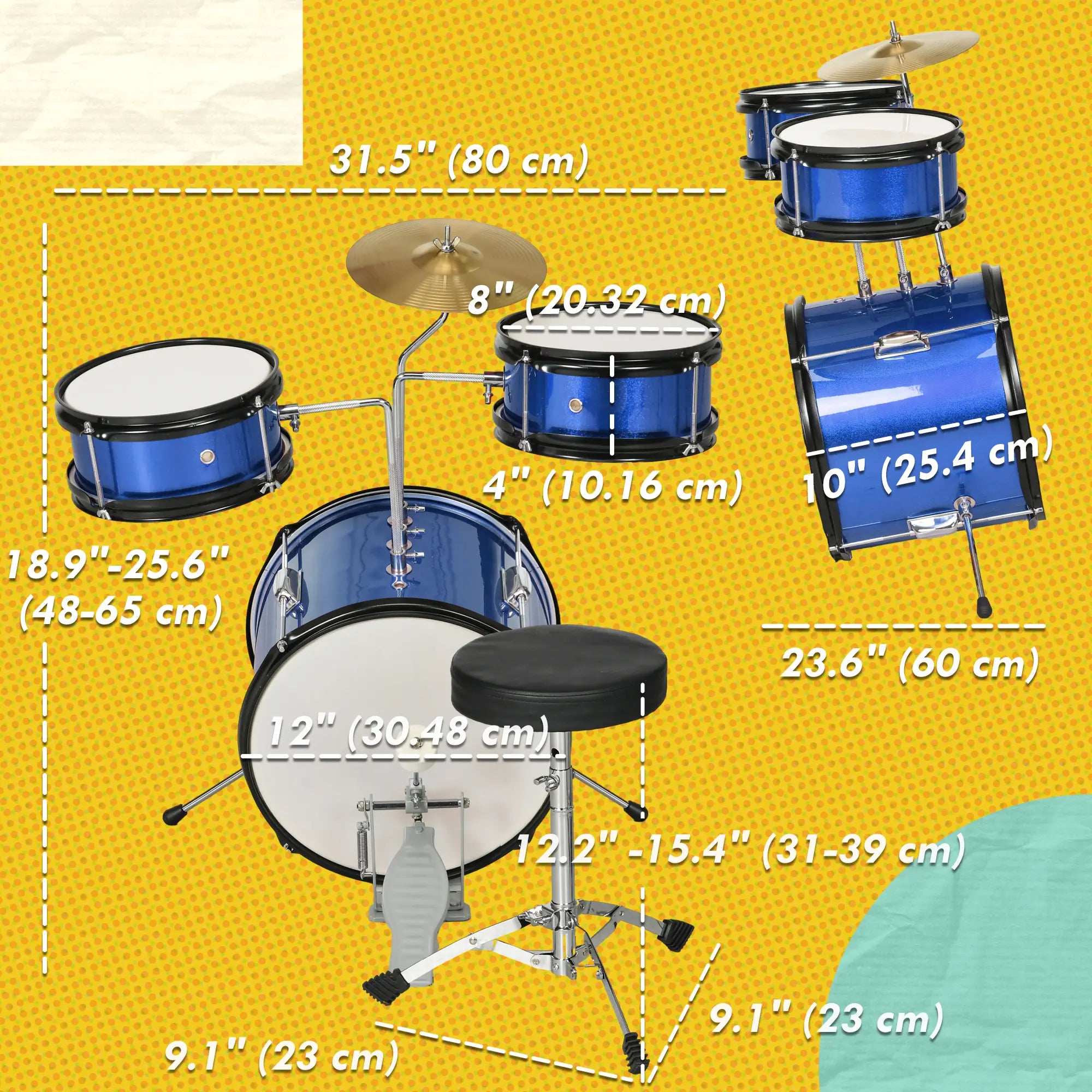 7 Piece Kids Drum Set, Throne, Cymbal, Pedal, Drumsticks, Blue Electronic Musical Pianos at Gallery Canada