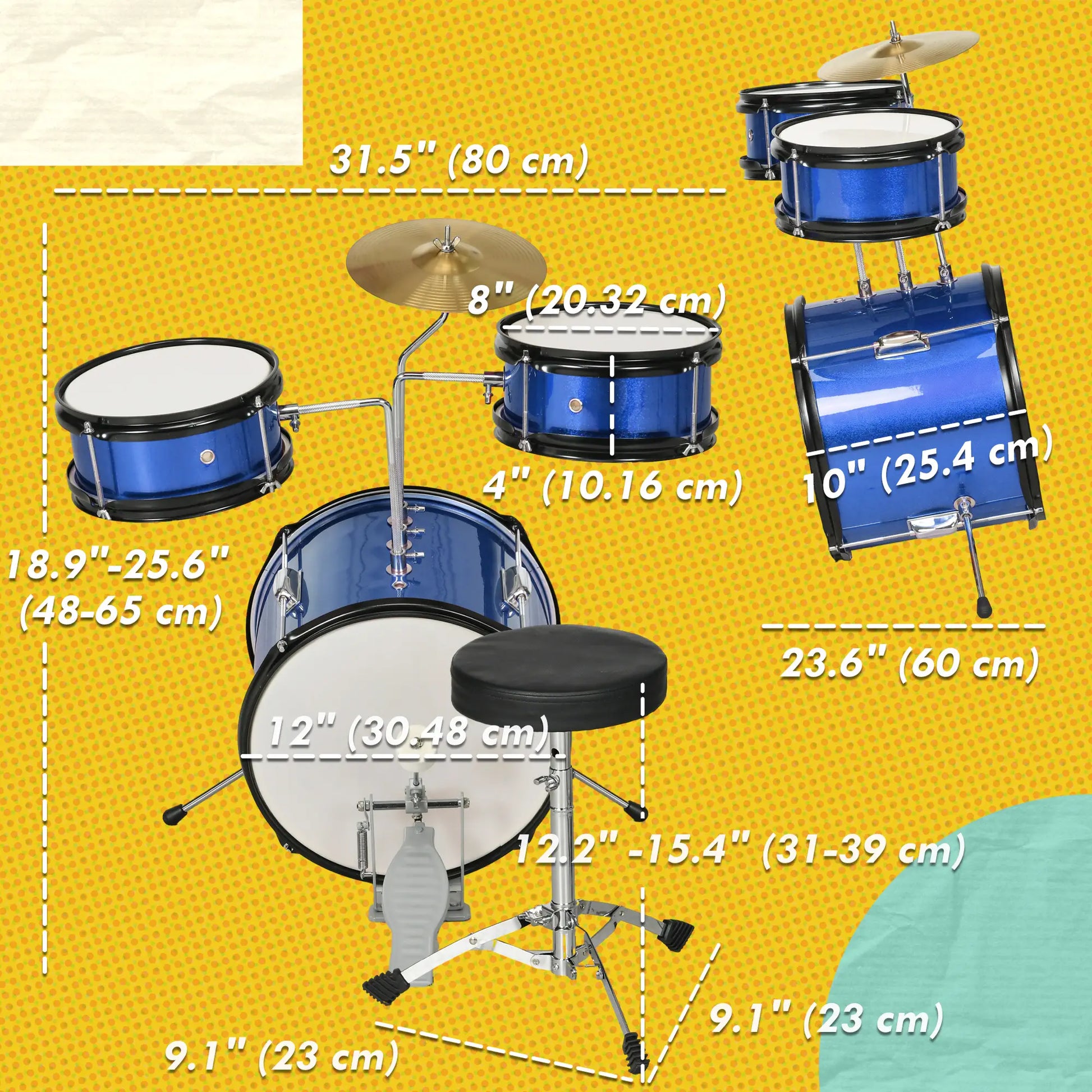 7 Piece Kids Drum Set, Throne, Cymbal, Pedal, Drumsticks, Blue Electronic Musical Pianos at Gallery Canada