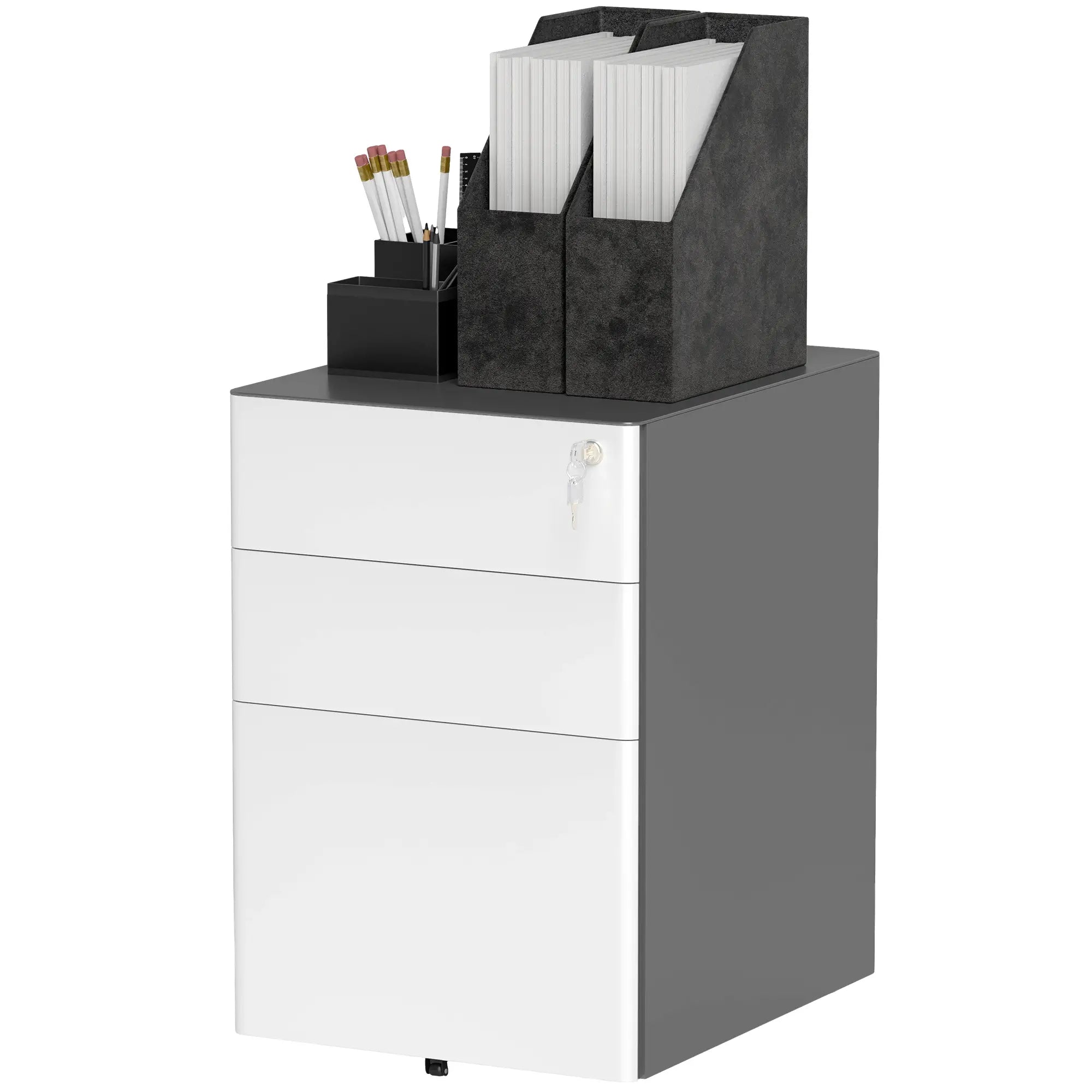 3 Drawer Filing Cabinet, Home Office Storage with Wheels, Lock, Grey and White Office Cabinets & Cupboards Grey, White at Gallery Canada