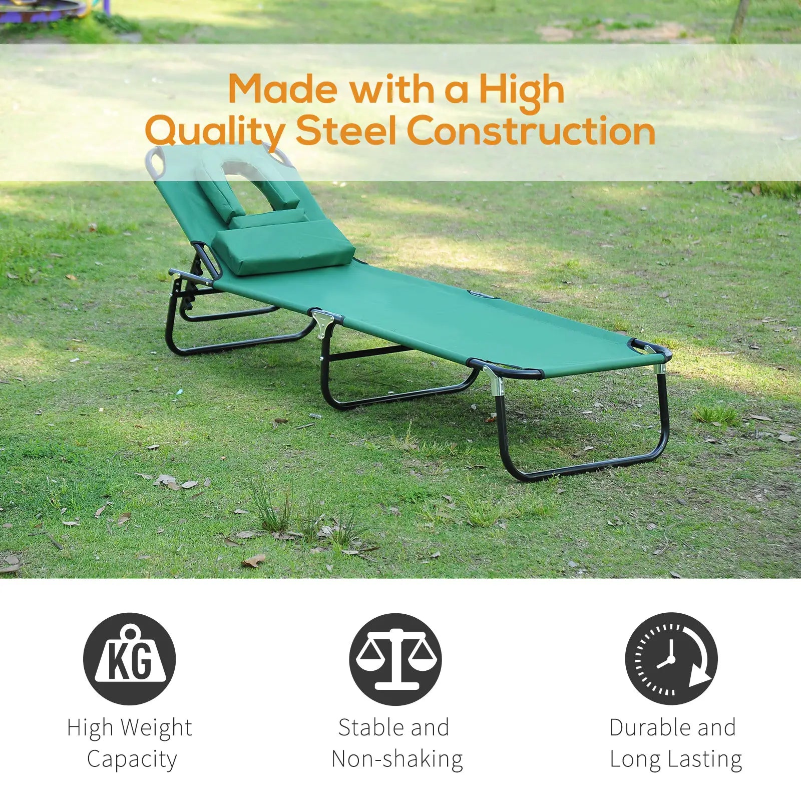 Folding Outdoor Lounge Chair, Portable Reclining Beach Lounger, Detachable Pillow, 3-Position Adjustable, Green Lounger Chairs at Gallery Canada