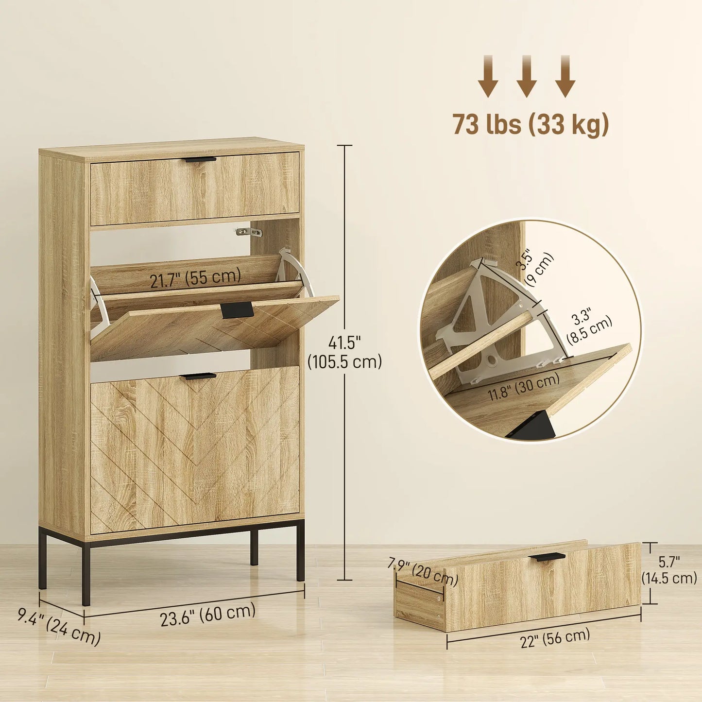 Narrow Shoe Storage Cabinet, Flip Drawers, Adjustable Shelves, Holds 8 Pairs, Oak Shoe Storage Cabinets & Racks at Gallery Canada