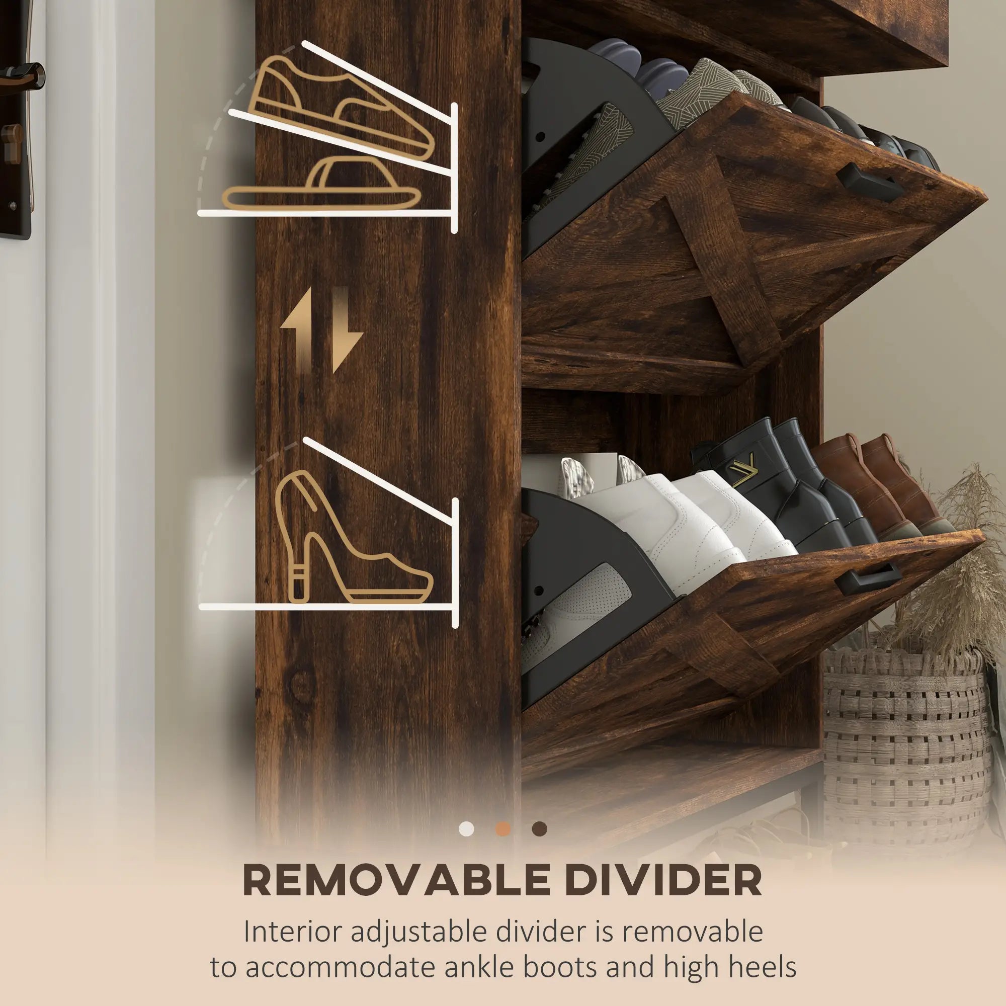 Slim Shoe Storage, 2 Flip Drawers, Adjustable Shelves, 12 Pair, Rustic Brown Shoe Storage Cabinets & Racks at Gallery Canada