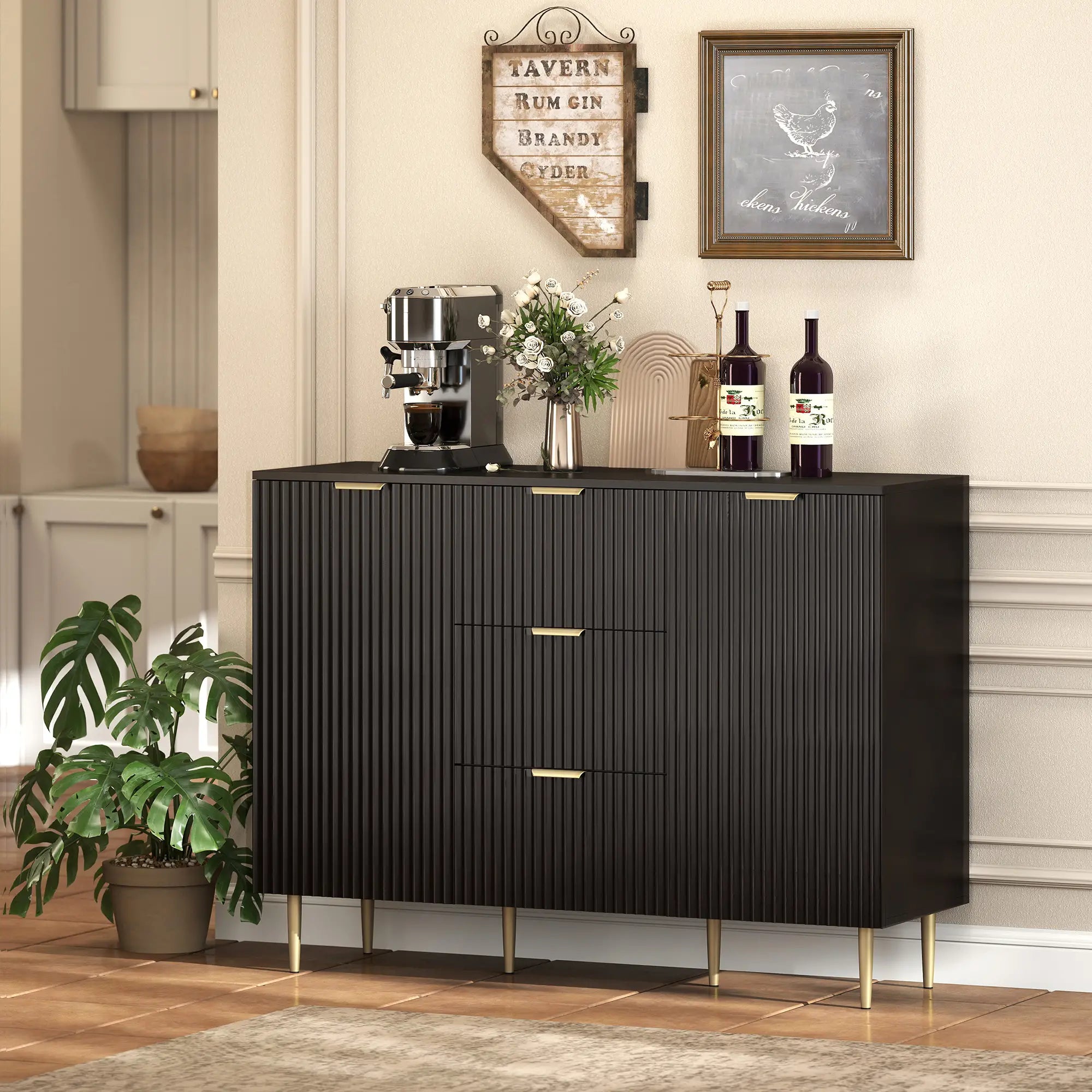 Modern Kitchen Storage Cabinet, 3 Drawers, Adjustable Shelves, Black Bar Cabinets at Gallery Canada