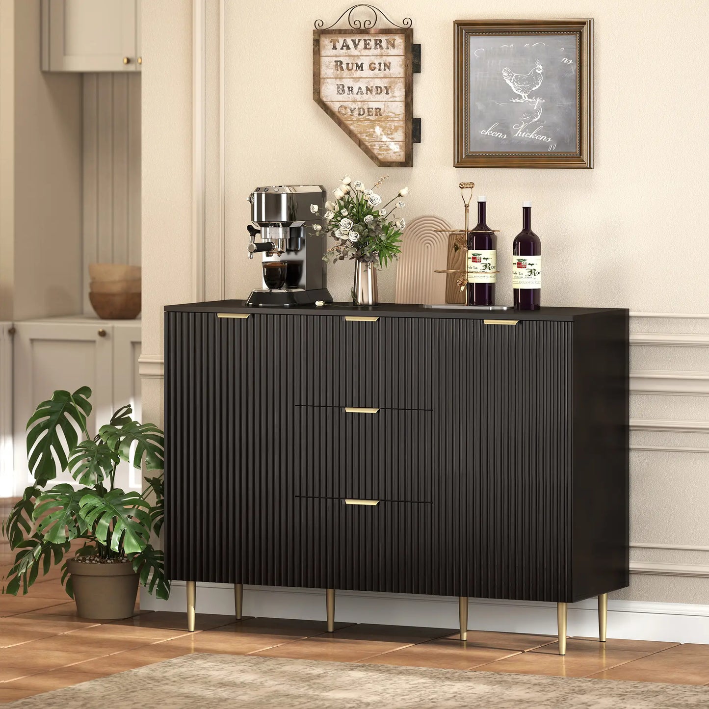 Modern Kitchen Storage Cabinet, 3 Drawers, Adjustable Shelves, Black Bar Cabinets at Gallery Canada