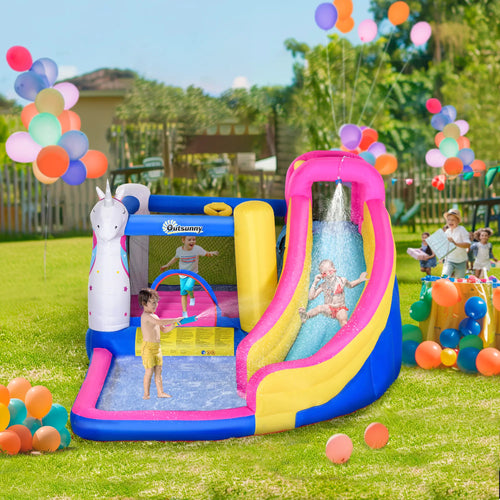 5 in 1 Inflatable Bounce Castle, Trampoline Water Slide, 12.4' x 10.5' x 6.9', Multi-color