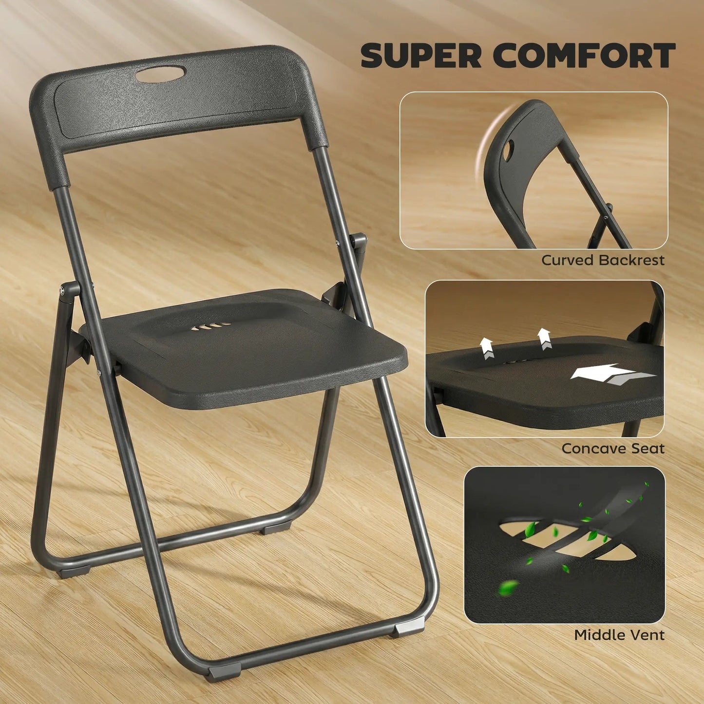 Folding Chairs 6 Pack, Black Plastic With Steel Frame, Black