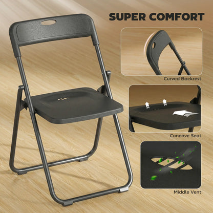 Folding Chairs 6 Pack, Black Plastic With Steel Frame, Black