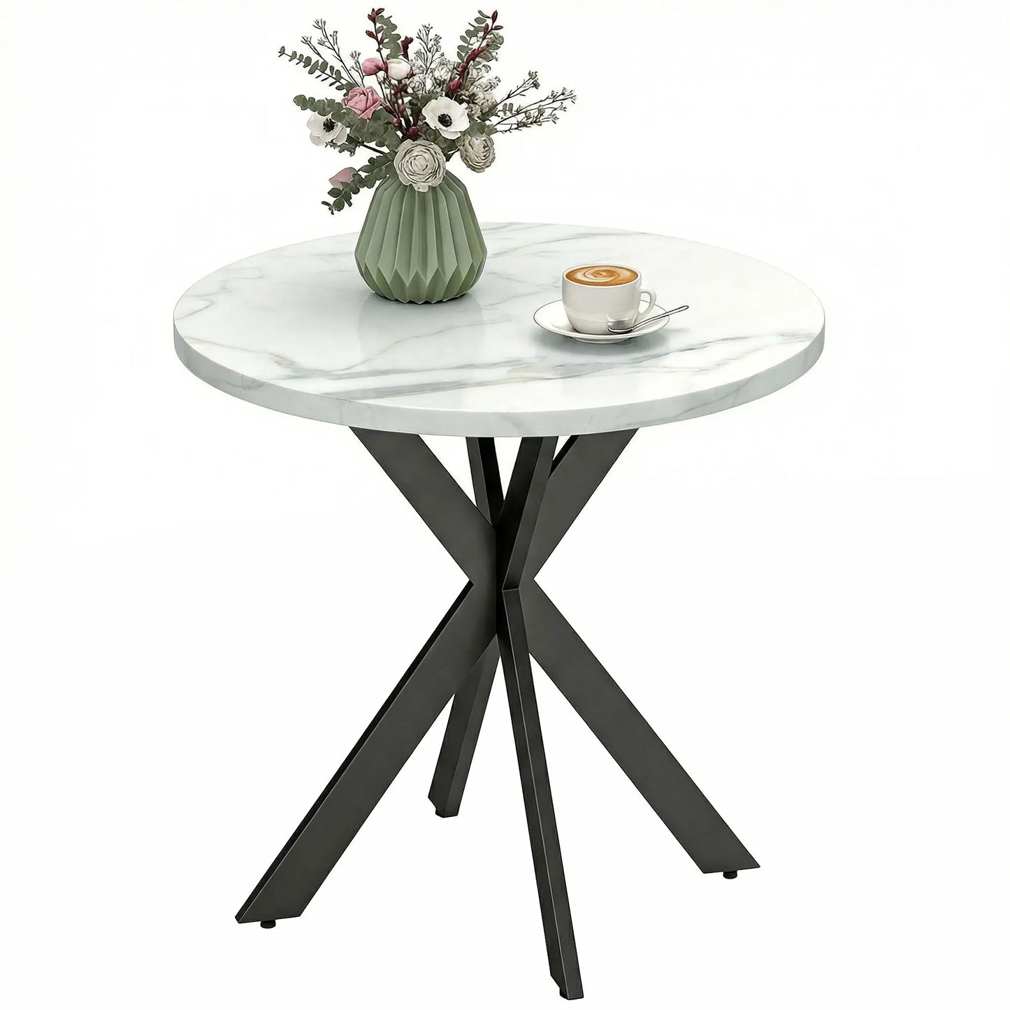29" Round Dining Table, White Marble-Effect, Steel Legs, White Dining Tables at Gallery Canada