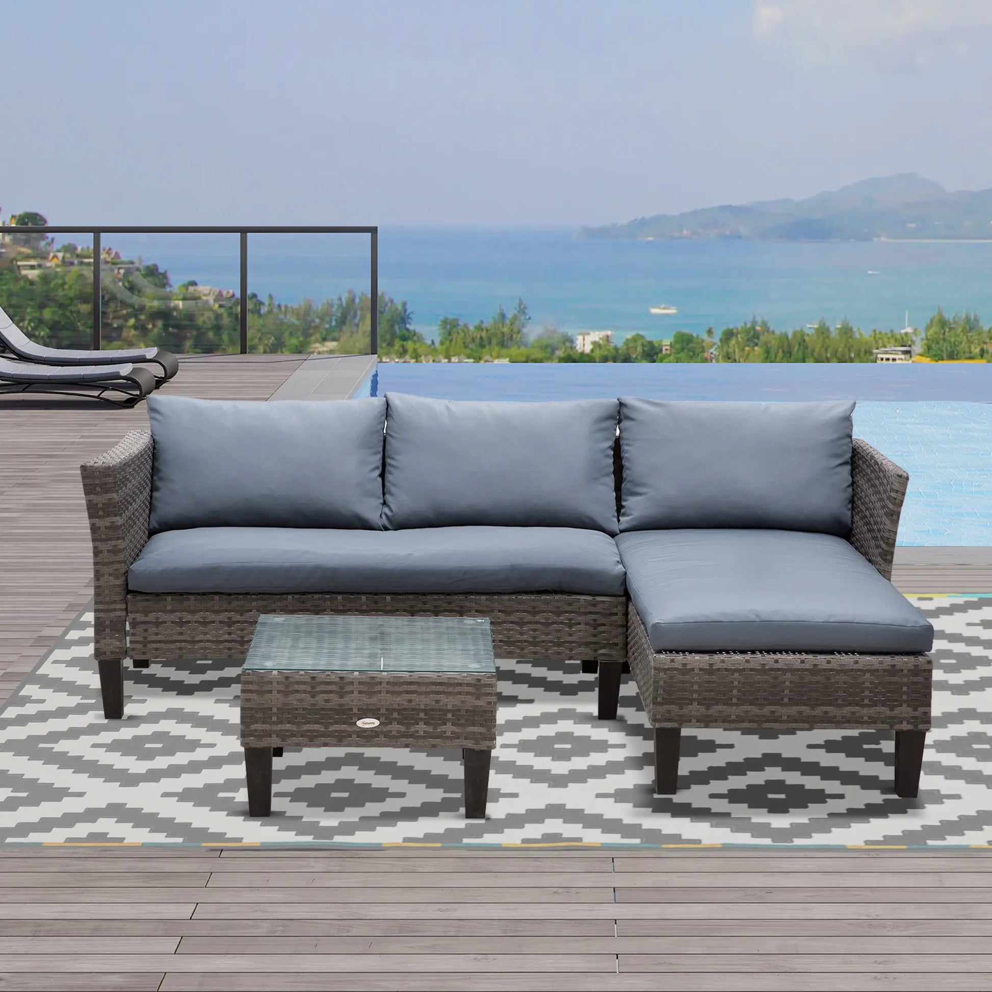 3-Piece Wicker Patio Set, Outdoor Sofa with Glass Table, Grey Patio Furniture Sets at Gallery Canada