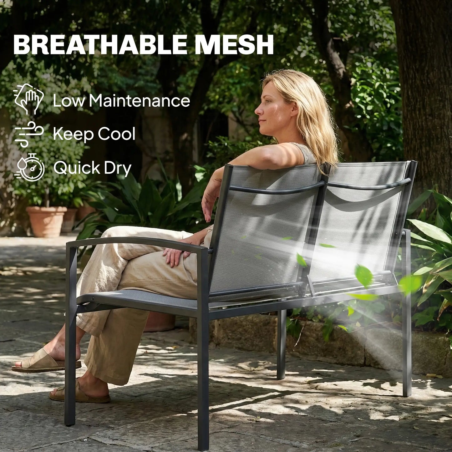 Metal Garden Bench, 44 in, Breathable Mesh Fabric, 484 lb Capacity, Grey Outdoor Benches at Gallery Canada