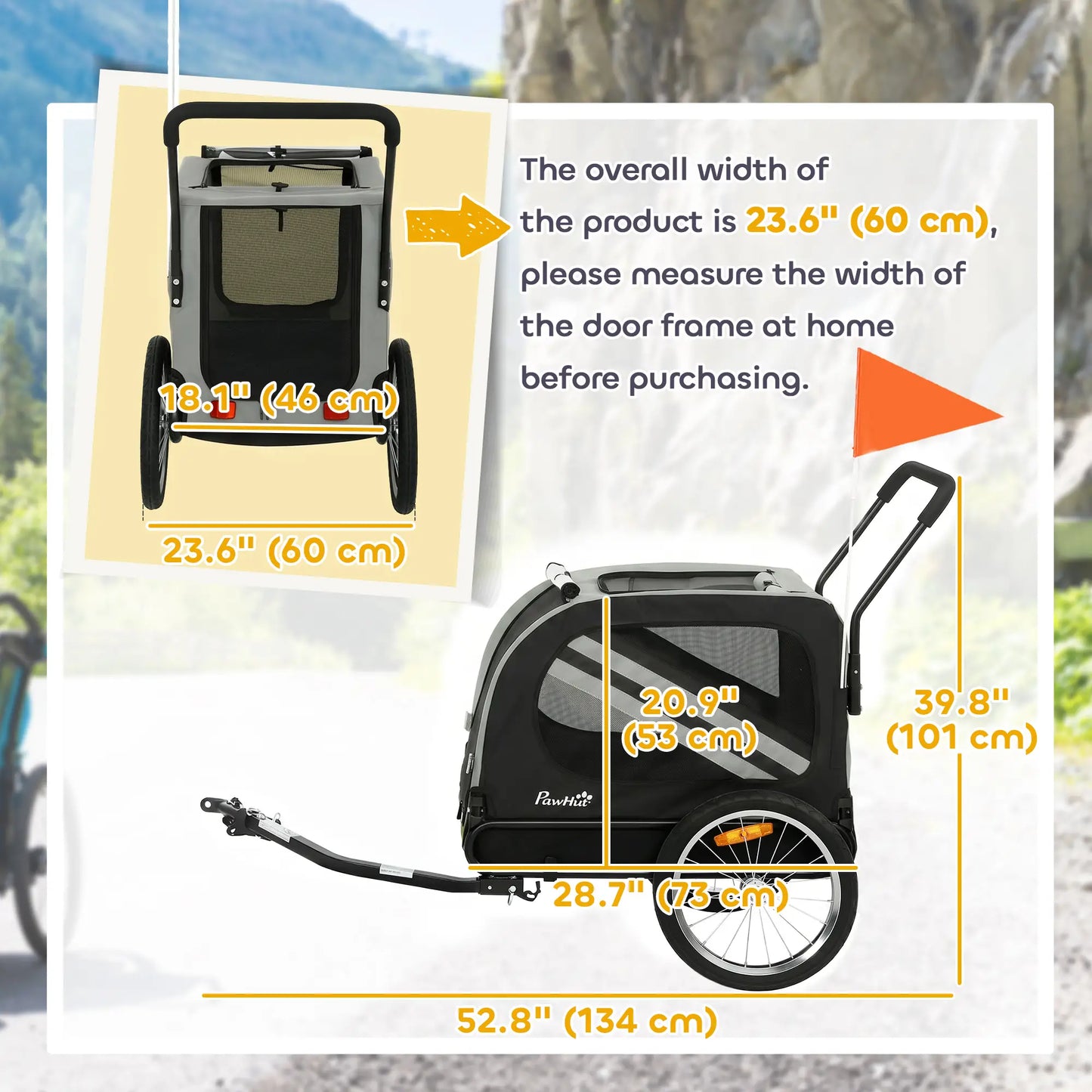 2-in-1 Dog Bike Trailer, Stroller With Reflectors Flag, Grey