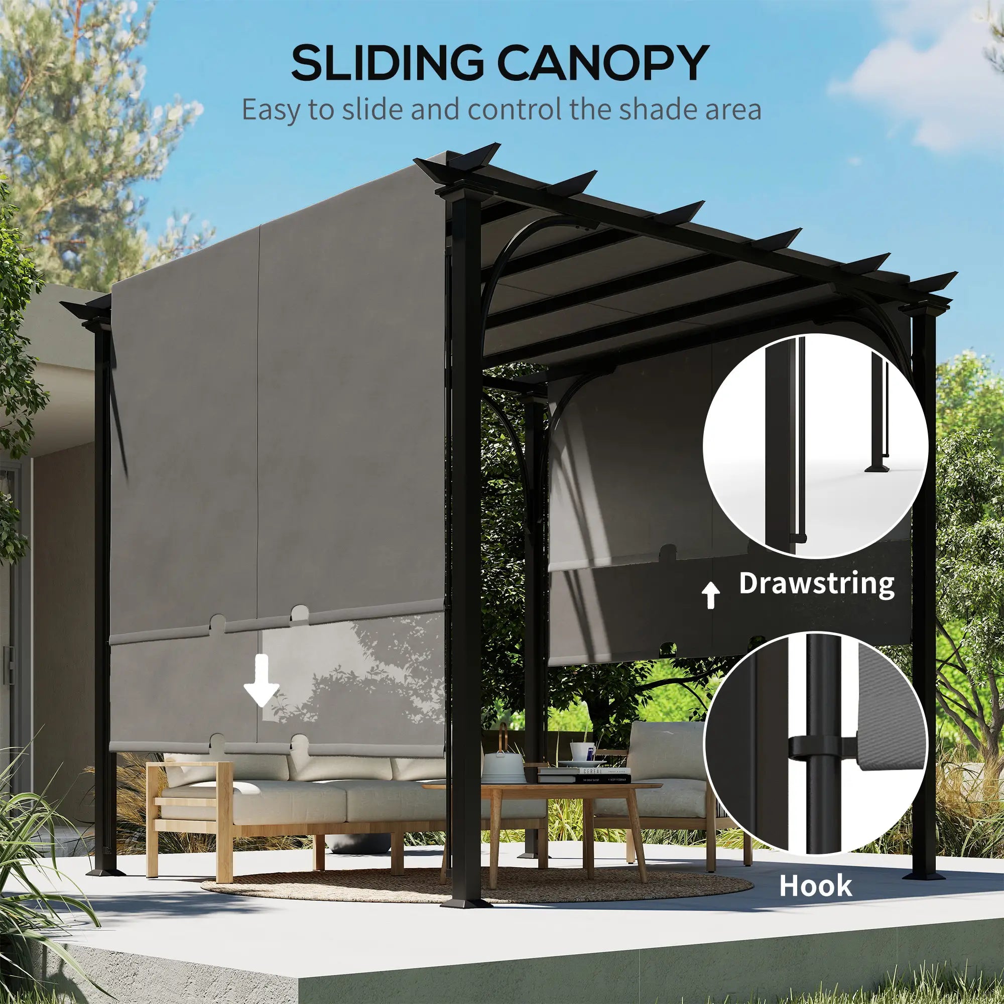 10' x 10' Retractable Pergola Canopy, UPF50+ Outdoor Metal Gazebo, Dark Grey Pergolas at Gallery Canada