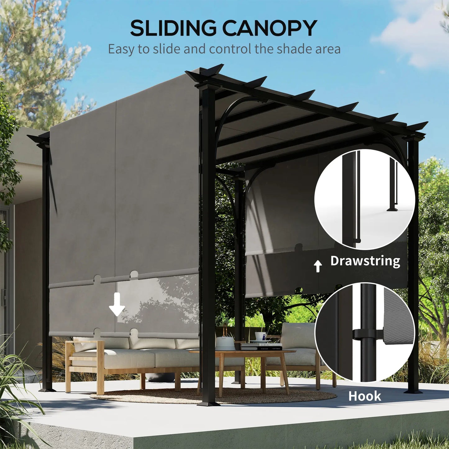 10' x 10' Retractable Pergola Canopy, UPF50+ Outdoor Metal Gazebo, Dark Grey Pergolas at Gallery Canada