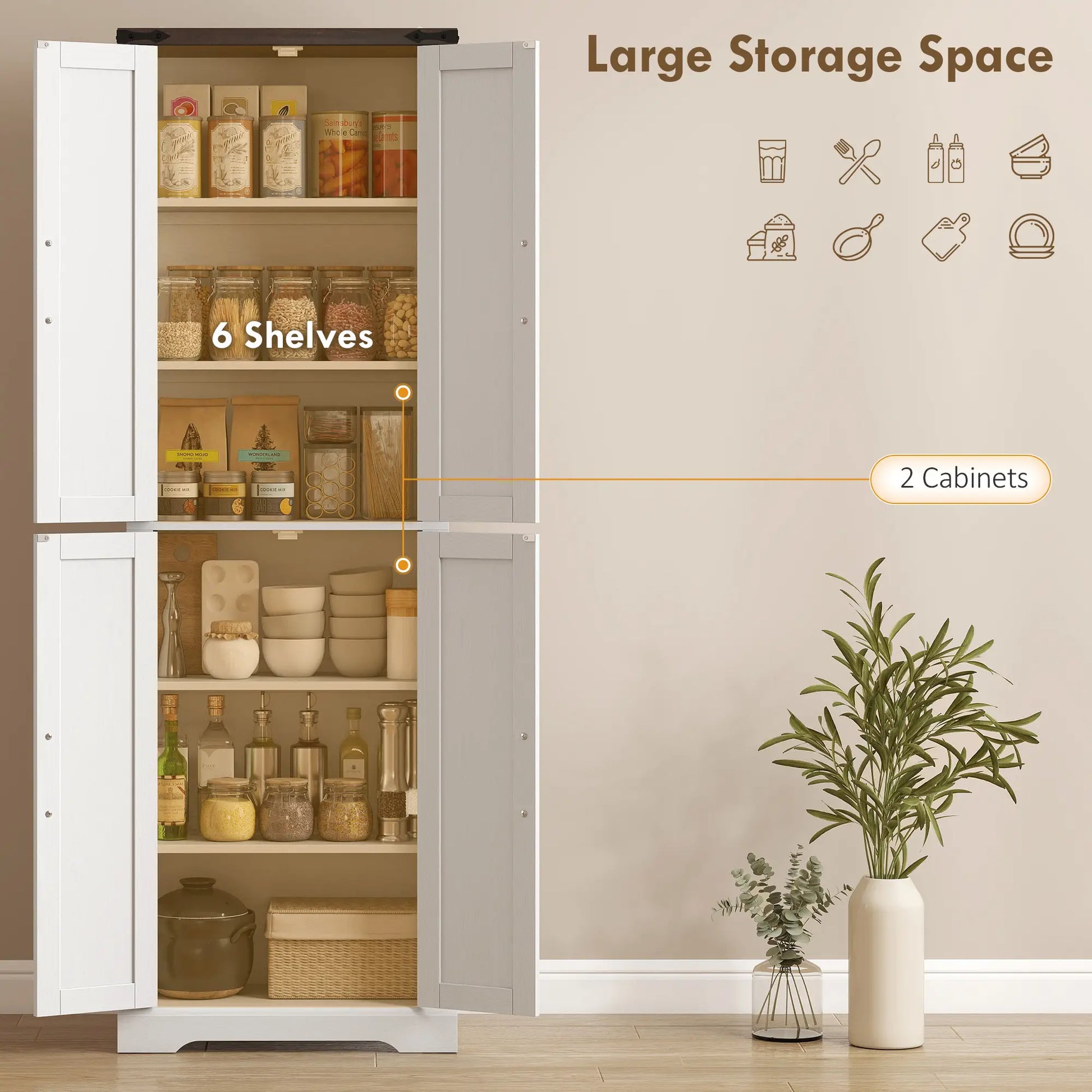 72" Pantry Cabinet, Farmhouse Kitchen Storage, Adjustable Shelves, White Kitchen Pantry Cabinets at Gallery Canada