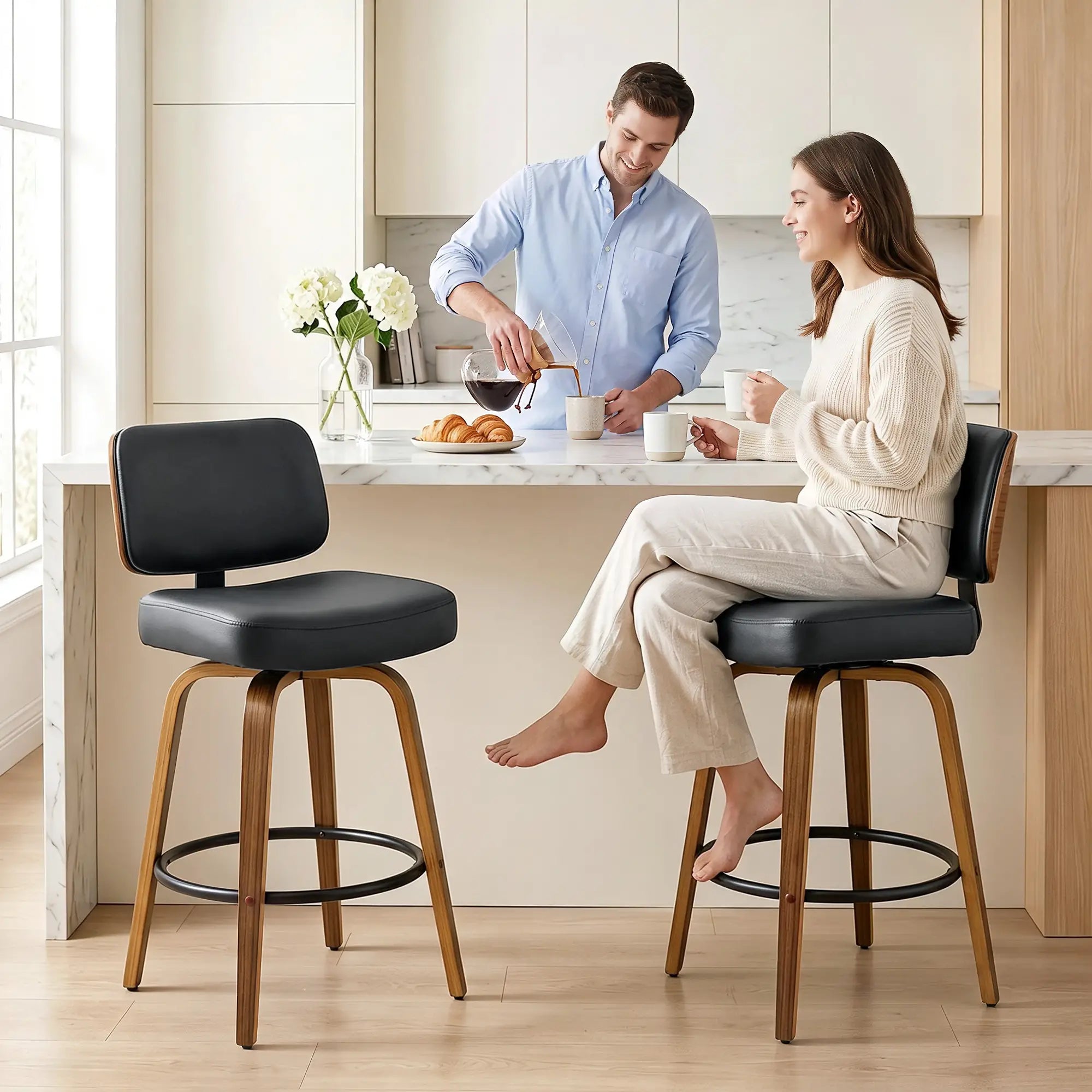 Swivel Bar Stools Set of 2, PU Leather, Black Bar Stools at Gallery Canada