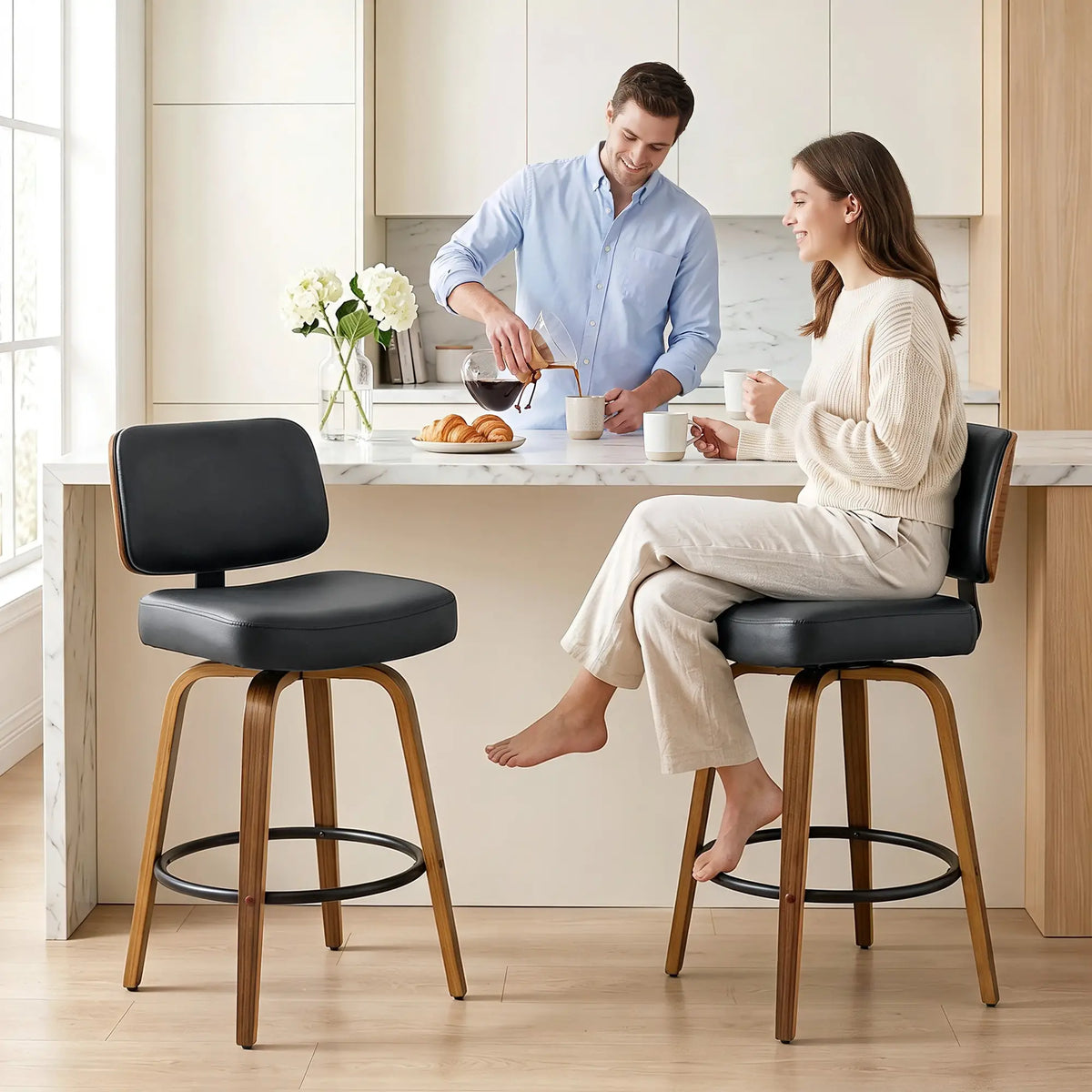 Swivel Bar Stools Set of 2, PU Leather, Black Bar Stools at Gallery Canada