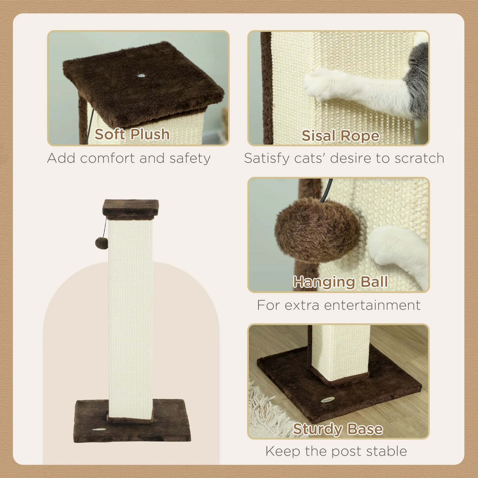 32" Tall Cat Scratching Post, Sisal Scratcher with Hanging Ball, Brown Cat Posts at Gallery Canada