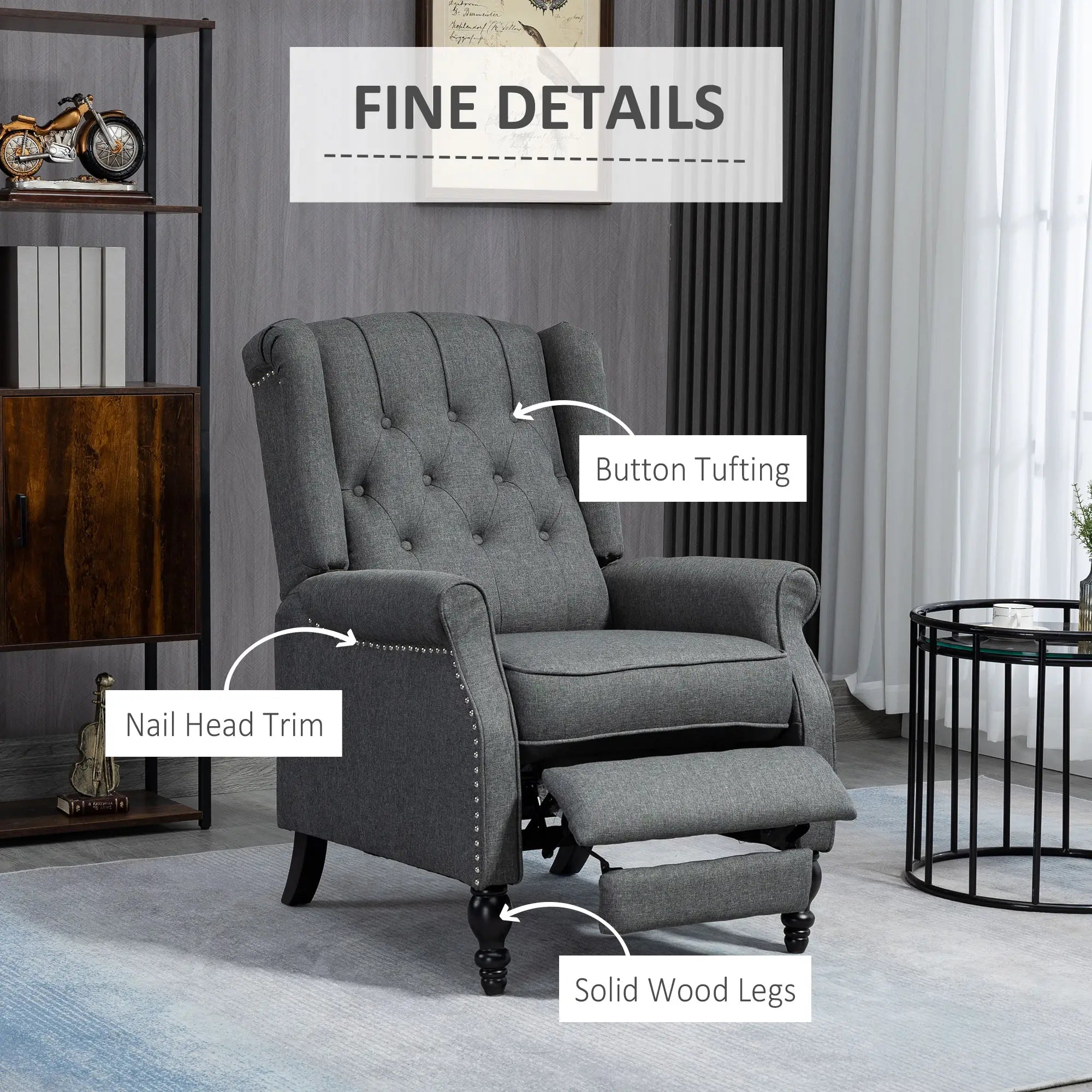 Wingback Reclining Chair with Footrest, Button Tufted, Dark Grey Single Sofas at Gallery Canada