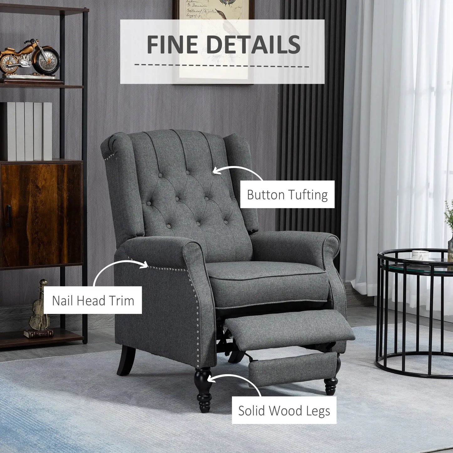 Wingback Reclining Chair with Footrest, Button Tufted, Dark Grey Single Sofas at Gallery Canada