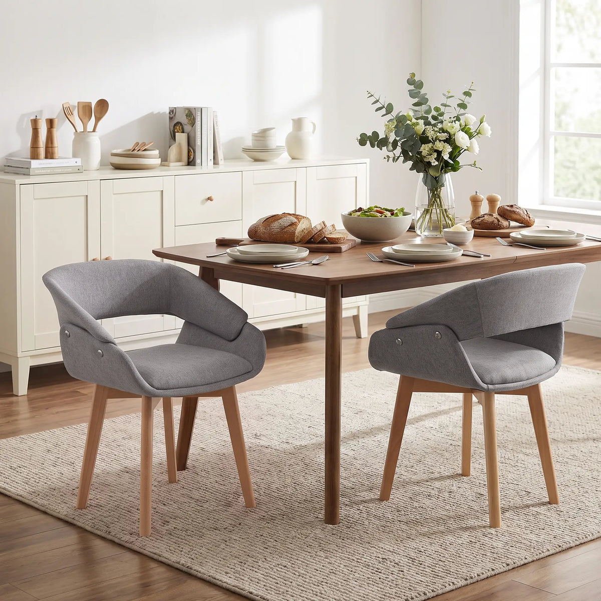 Linen Fabric Dining Chairs Set of 2, Light Grey