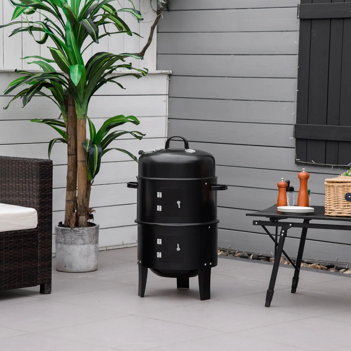 3-In-1 Vertical Charcoal BBQ Smoker, 16" Round Grill With Thermometer, Black Charcoal BBQ Grils at Gallery Canada
