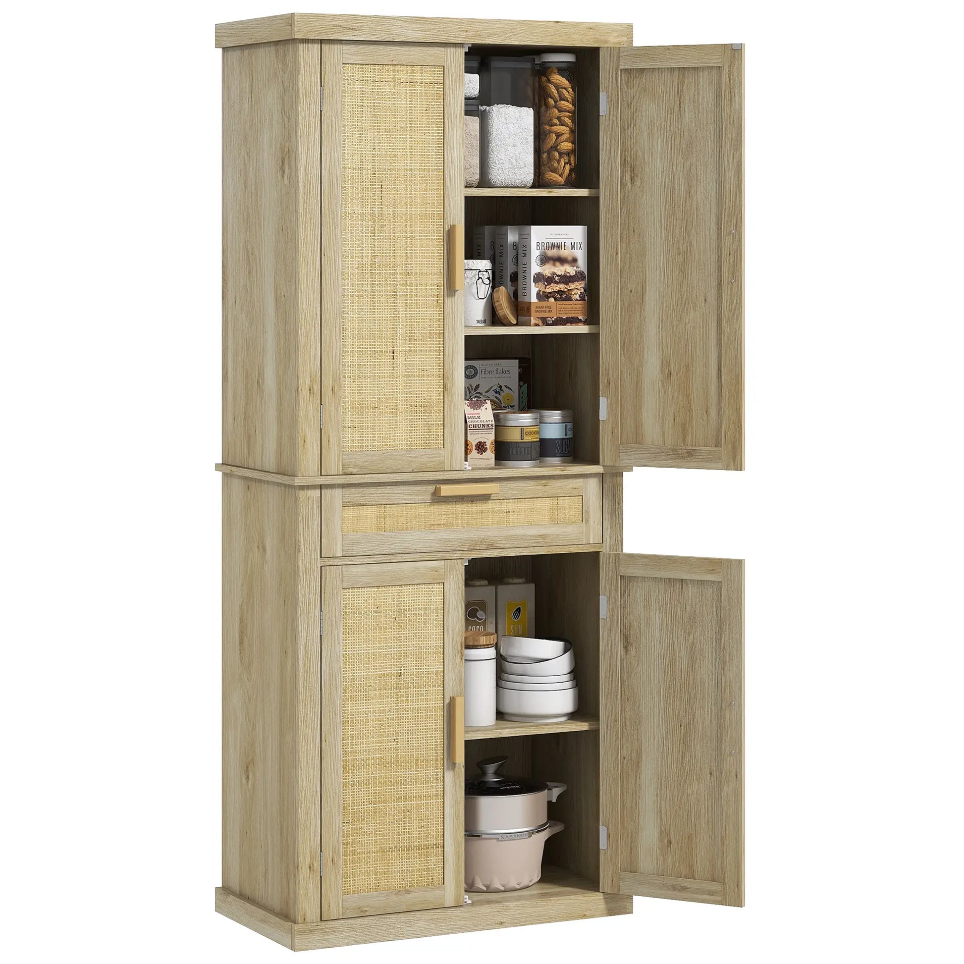72" Kitchen Storage Cabinet, Rattan Pantry, 4 Doors, Drawer, 5-Tier Shelf, Oak Kitchen Pantry Cabinets at Gallery Canada