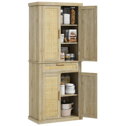 72" Kitchen Storage Cabinet, Rattan Pantry, 4 Doors, Drawer, 5-Tier Shelf, Oak Kitchen Pantry Cabinets at Gallery Canada