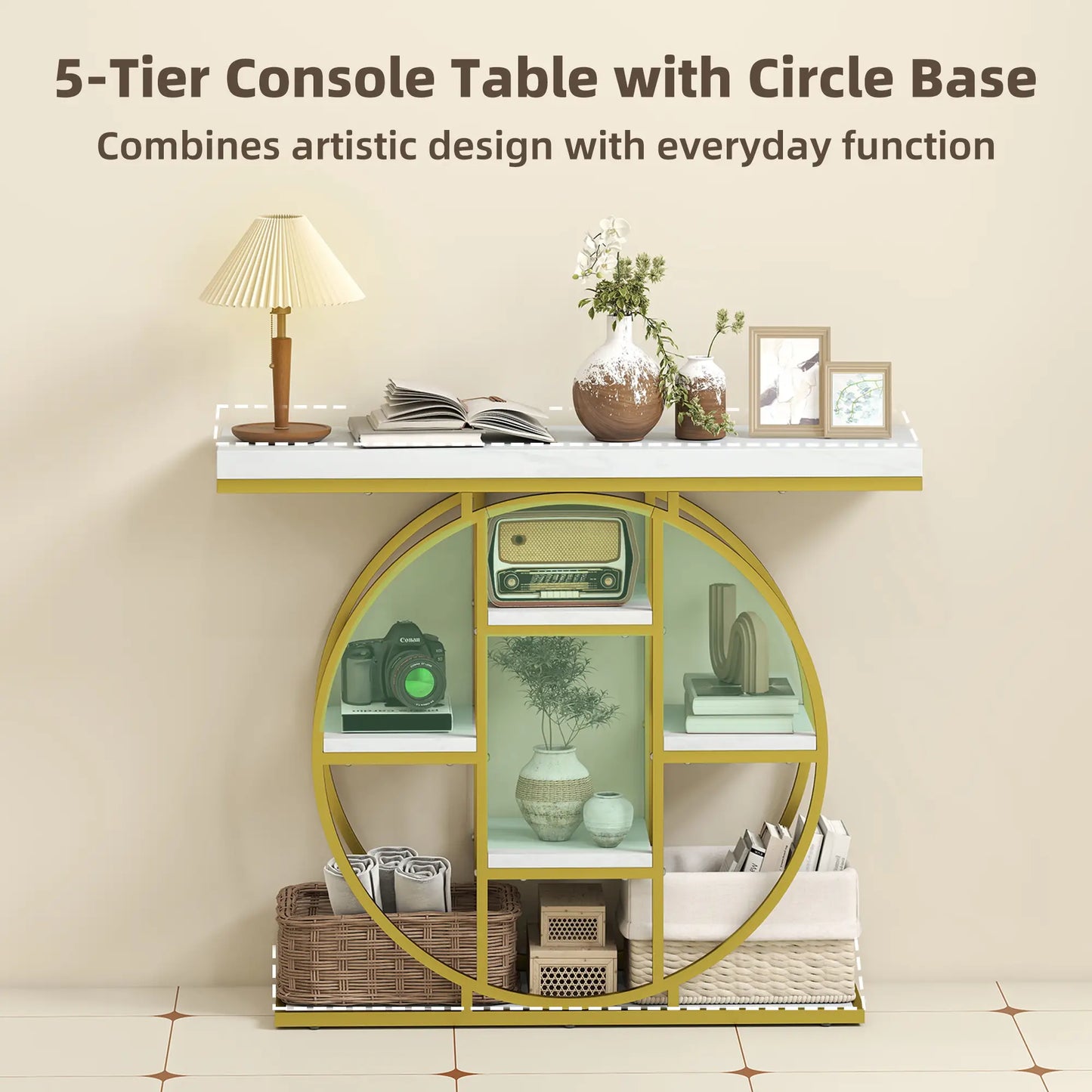 39.4" Console Table With Storage Shelves, White Marble Effect, White