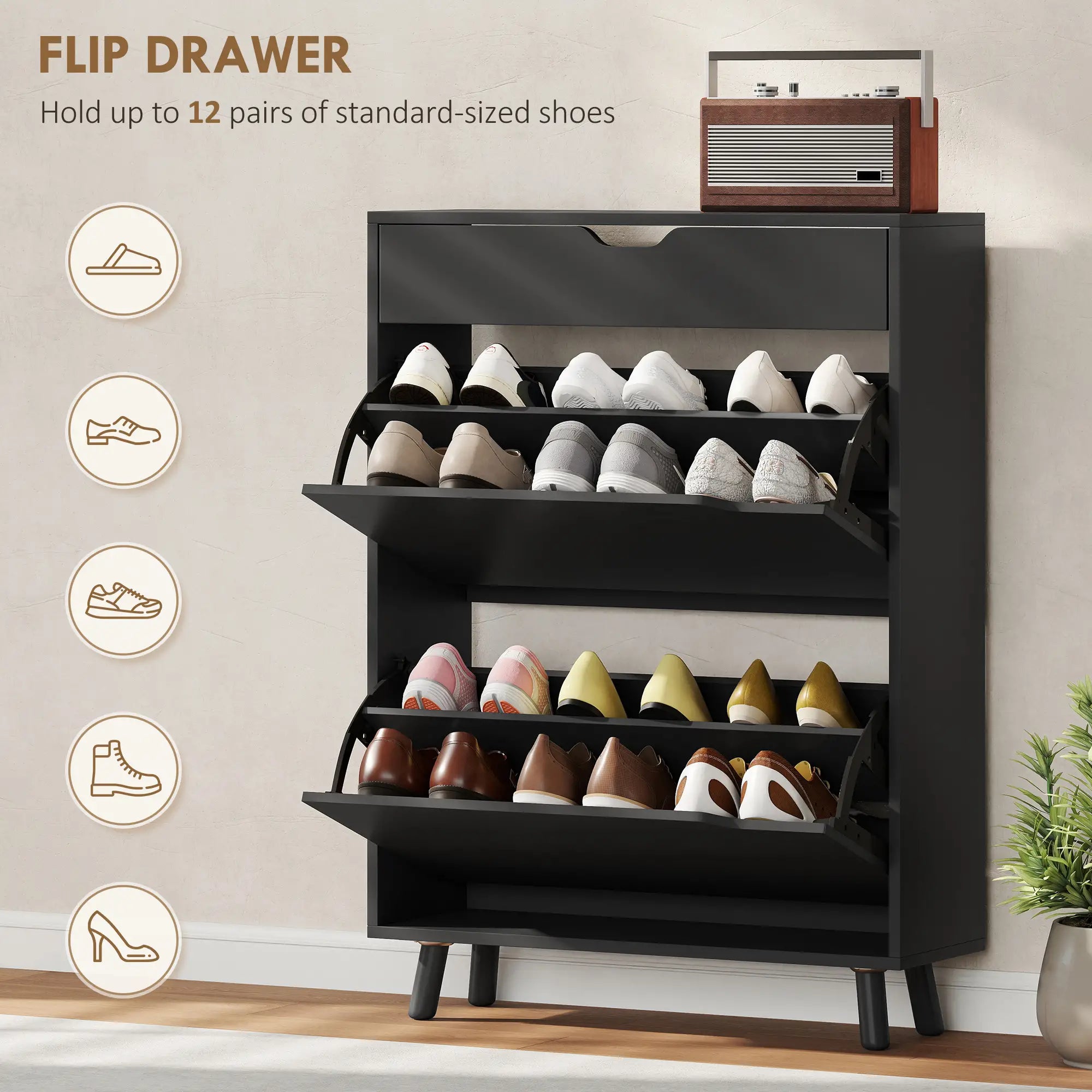 Narrow Shoe Cabinet, 2 Flip Drawers, Top Drawer, Adjustable Shelves, Black Shoe Storage Cabinets & Racks at Gallery Canada