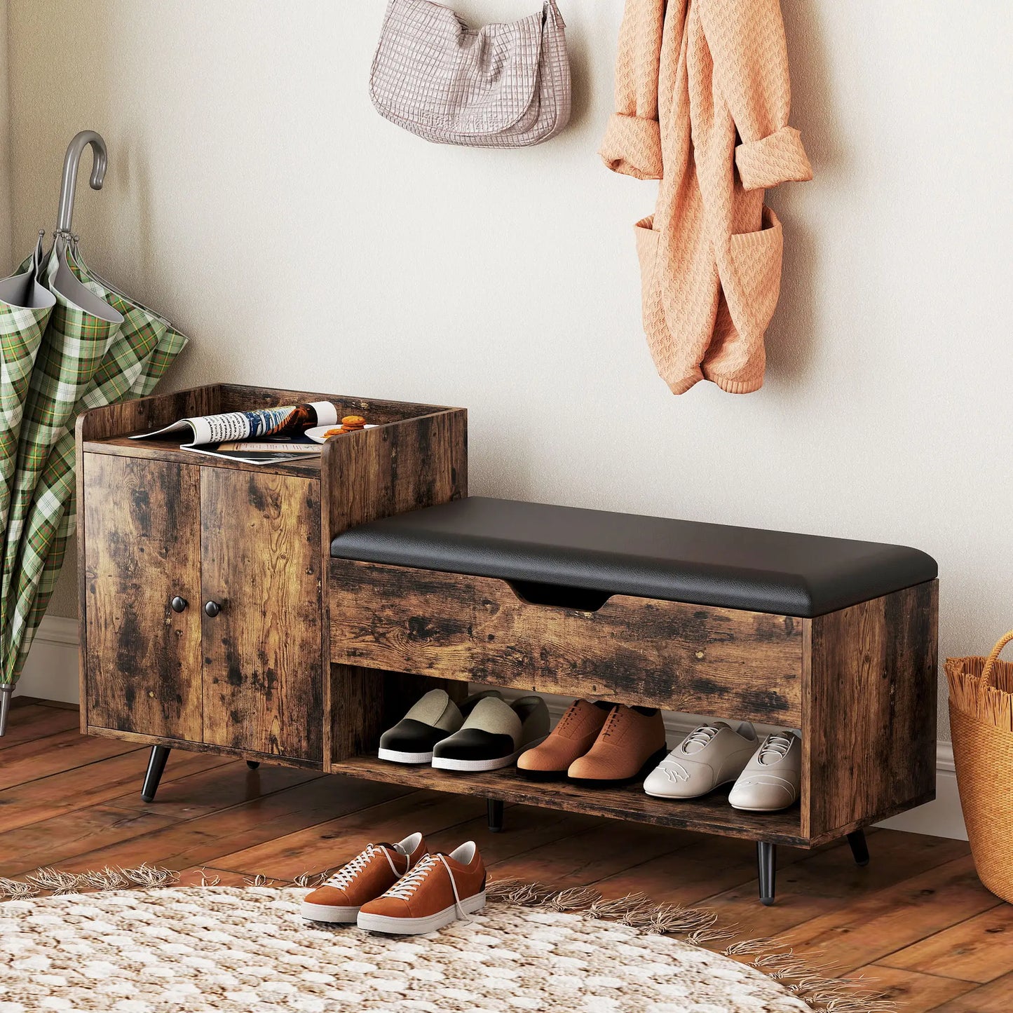 Storage Bench with Cushion, Hidden Compartments, Rustic Brown Shoe Storage Cabinets & Racks at Gallery Canada