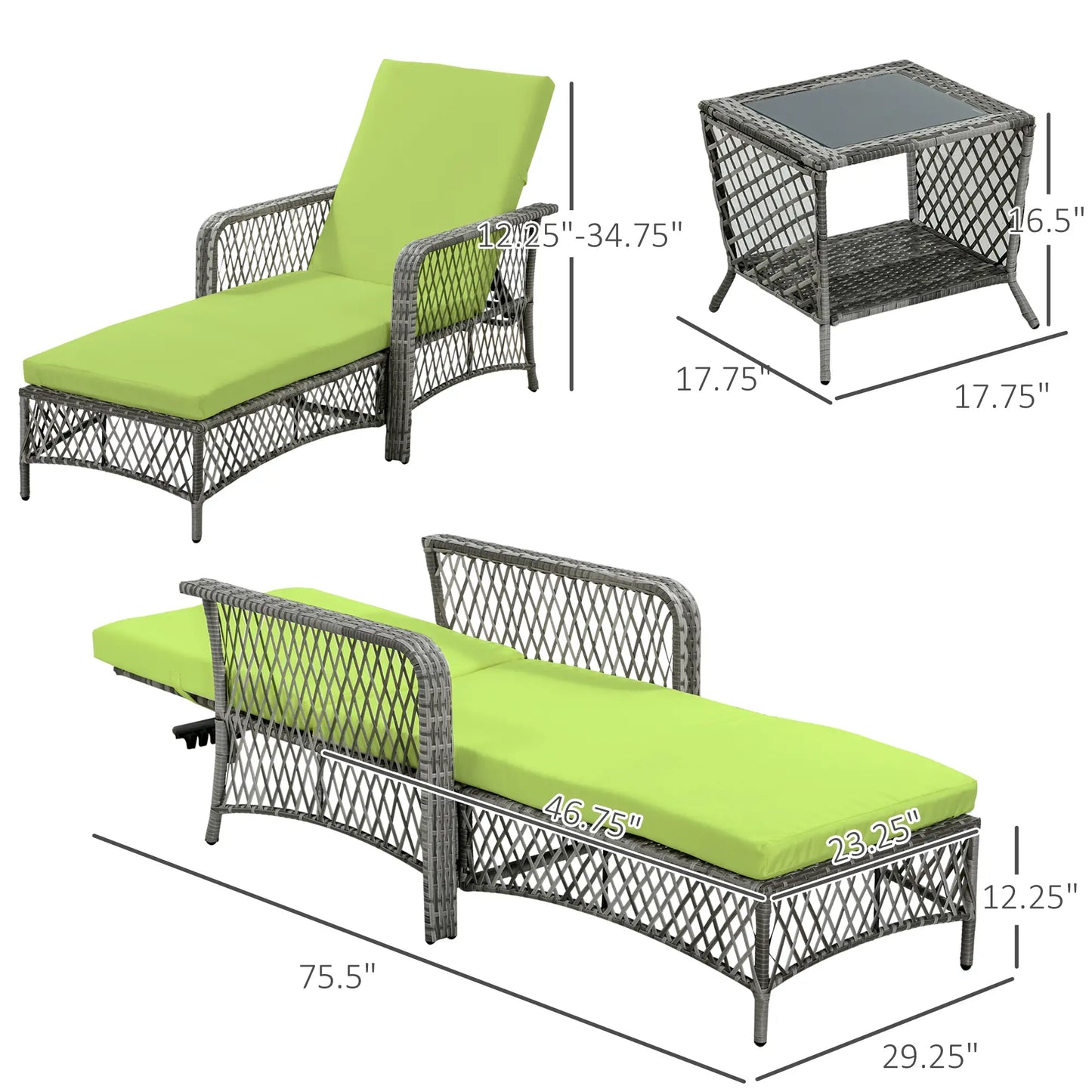 2-Piece Wicker Patio Lounge Set with Cushions, Reclining Chaise Chair, Glass Top Coffee Table, Green Chaise Loungers at Gallery Canada