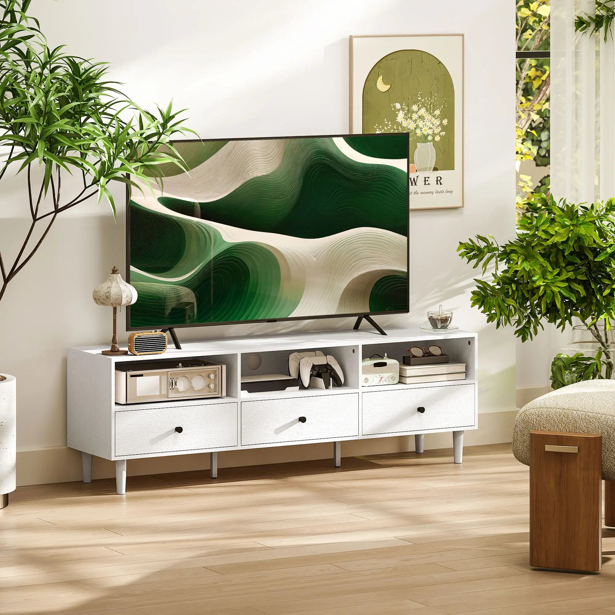 TV Stand for 75 Inches, 3 Storage Shelves, 3 Drawers, White TV Stands at Gallery Canada