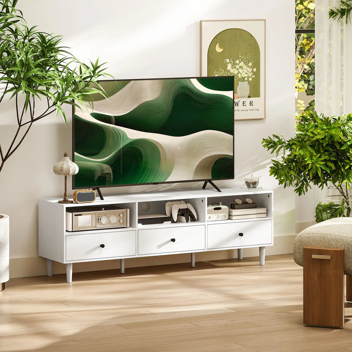 TV Stand for 75 Inches, 3 Storage Shelves, 3 Drawers, White TV Stands at Gallery Canada