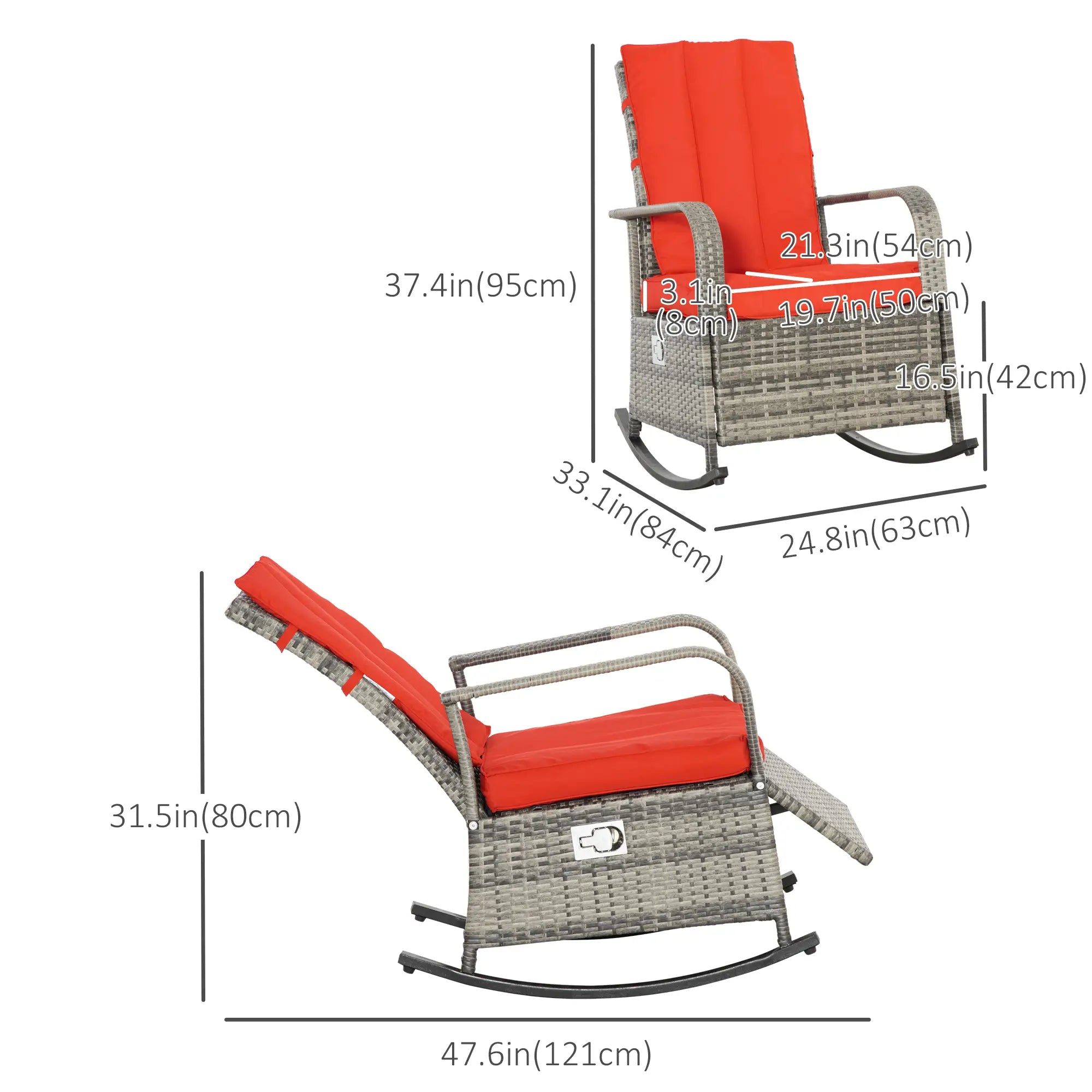 Outdoor Wicker Rocking Chair with Cushion, PE Rattan Recliner, Adjustable Footrest, Red Outdoor Rocking Chairs at Gallery Canada