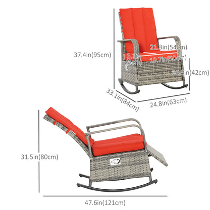 Outdoor Wicker Rocking Chair with Cushion, PE Rattan Recliner, Adjustable Footrest, Red Outdoor Rocking Chairs at Gallery Canada