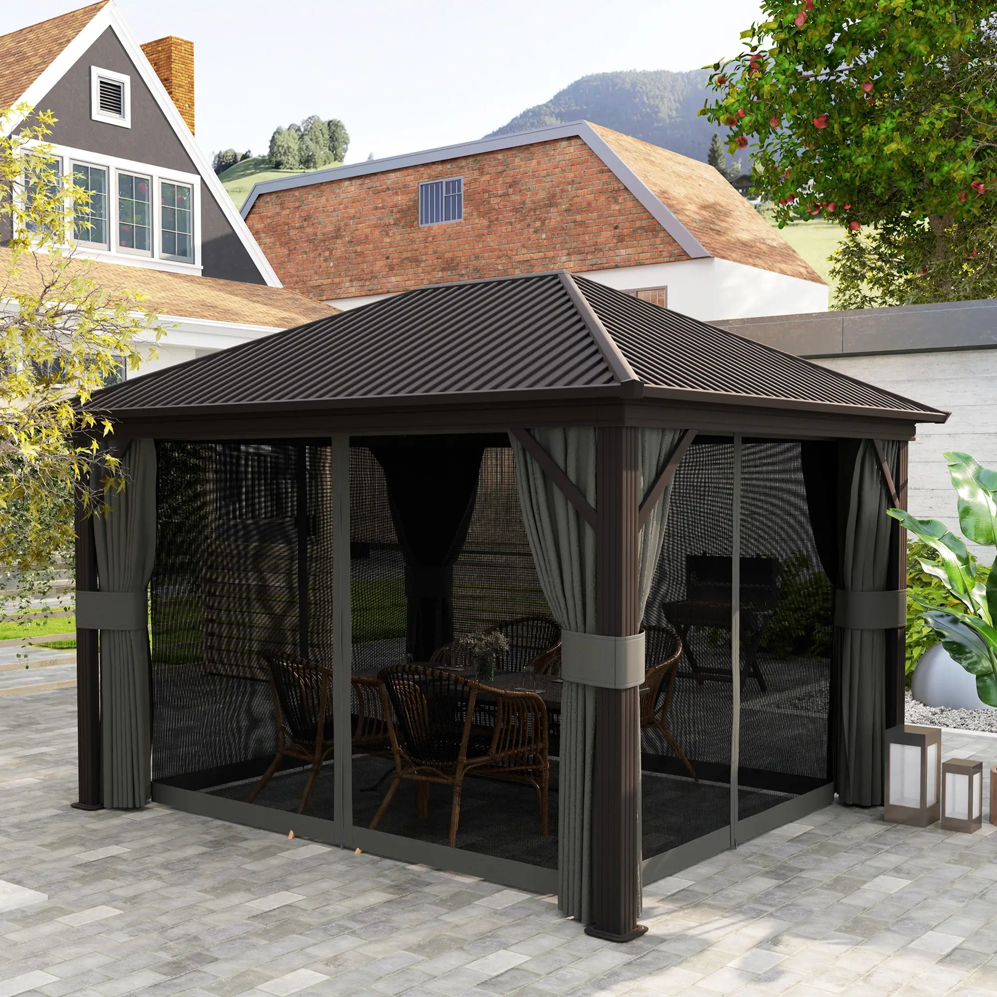 10' x 12' Hardtop Gazebo, Metal Roof, Aluminum Frame, Mesh Nettings, Dark Grey Gazebos at Gallery Canada