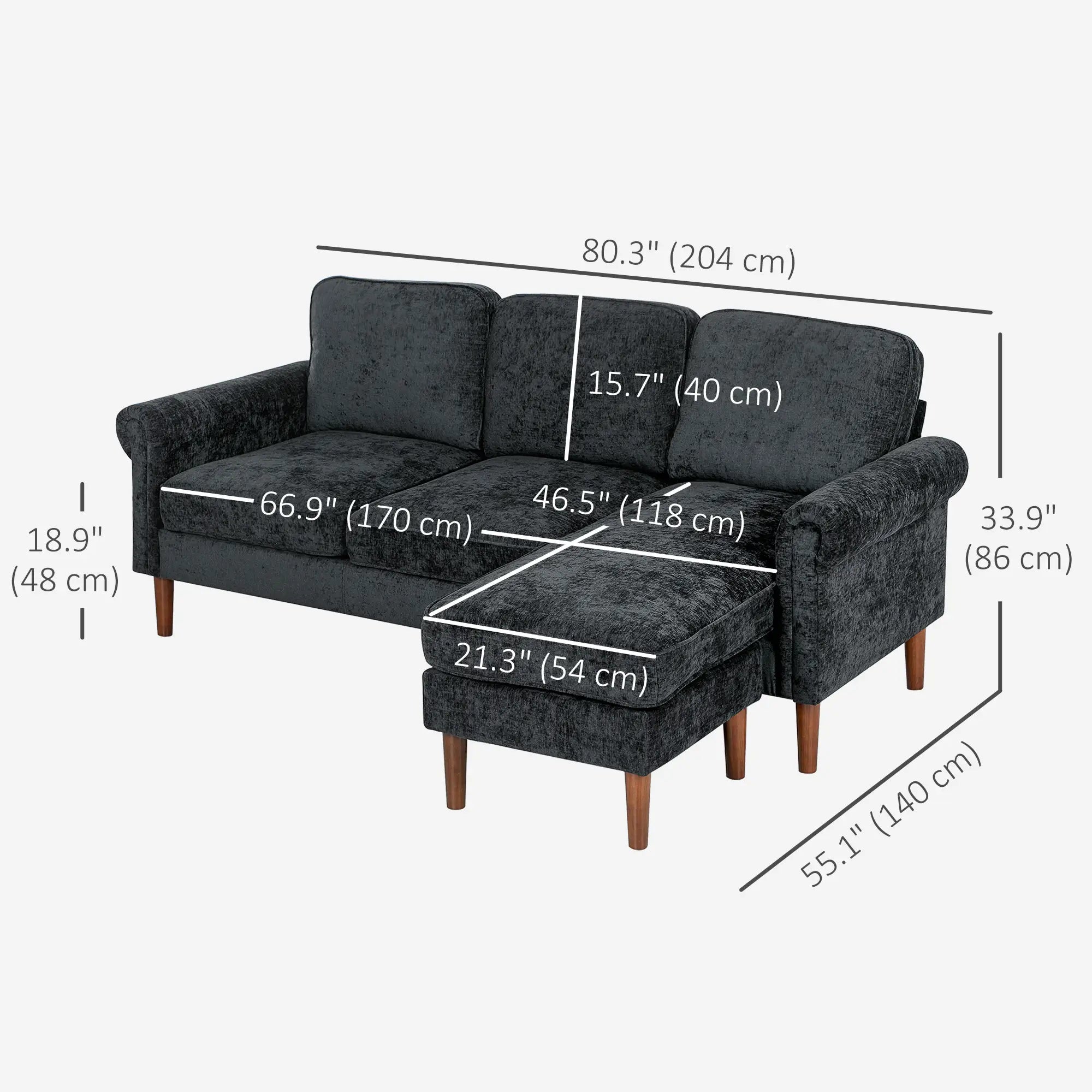 L Shape Sofa, Modern Sectional Couch, Chaise Lounge, Wooden Legs, Black 3-Seater Sofas at Gallery Canada