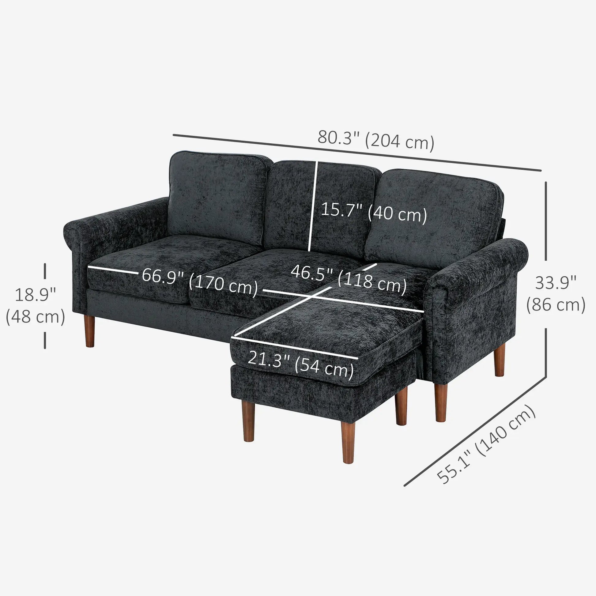 L Shape Sofa, Modern Sectional Couch, Chaise Lounge, Wooden Legs, Black 3-Seater Sofas at Gallery Canada