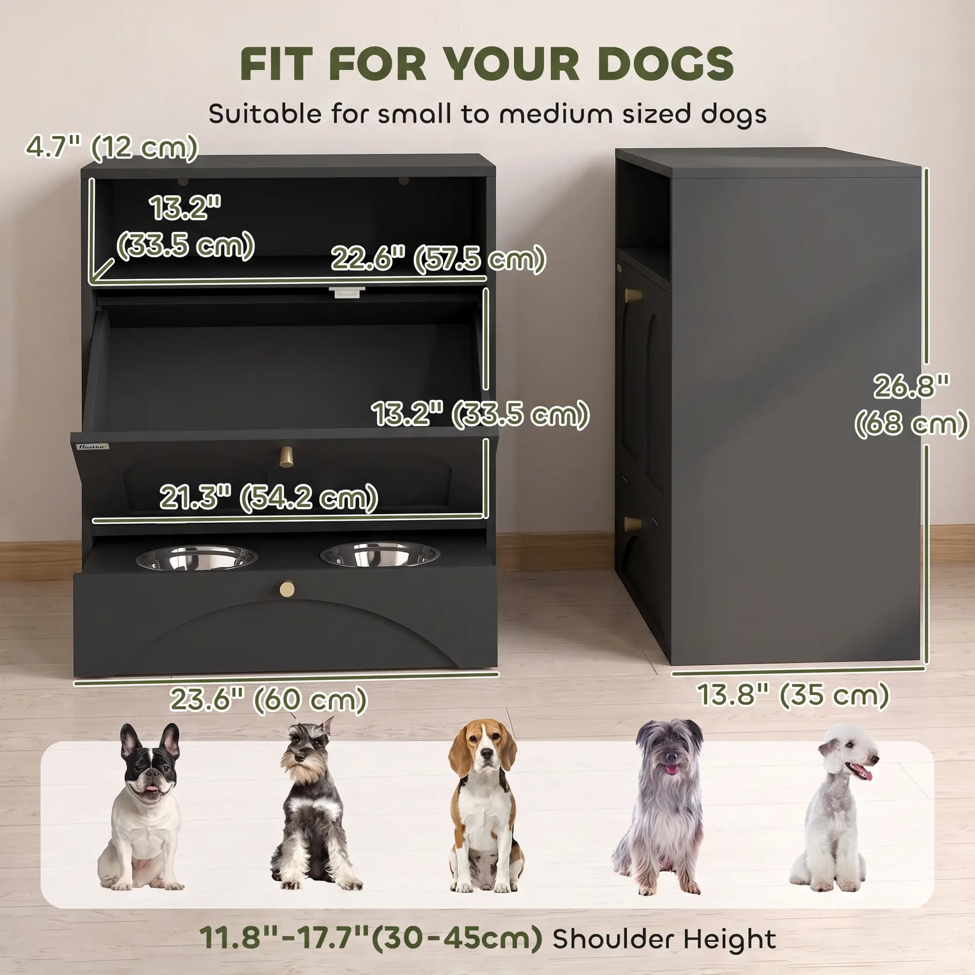 Dog Feeding Station, Food Storage Cabinet, 2 Elevated Bowls, Black Dog Bowls at Gallery Canada