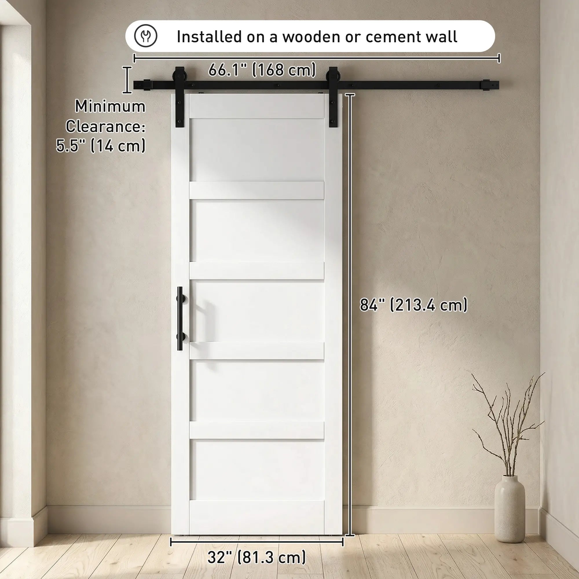 32x84 Sliding Barn Door with Hardware Kit, Shaker Style, White Wood Grain, White Door Hardware at Gallery Canada