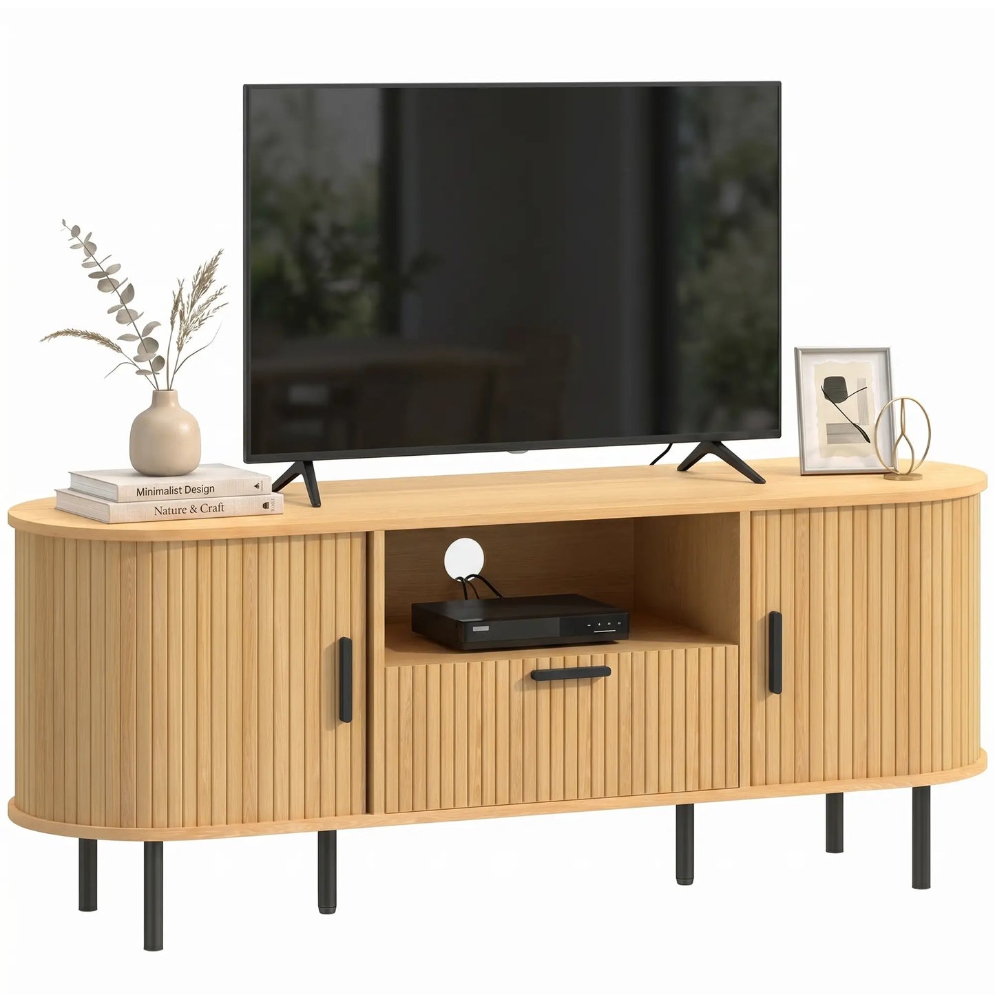TV Stand for TVs up to 60", Modern Entertainment Center with Curved Sliding Doors and Storage, Natural Wood