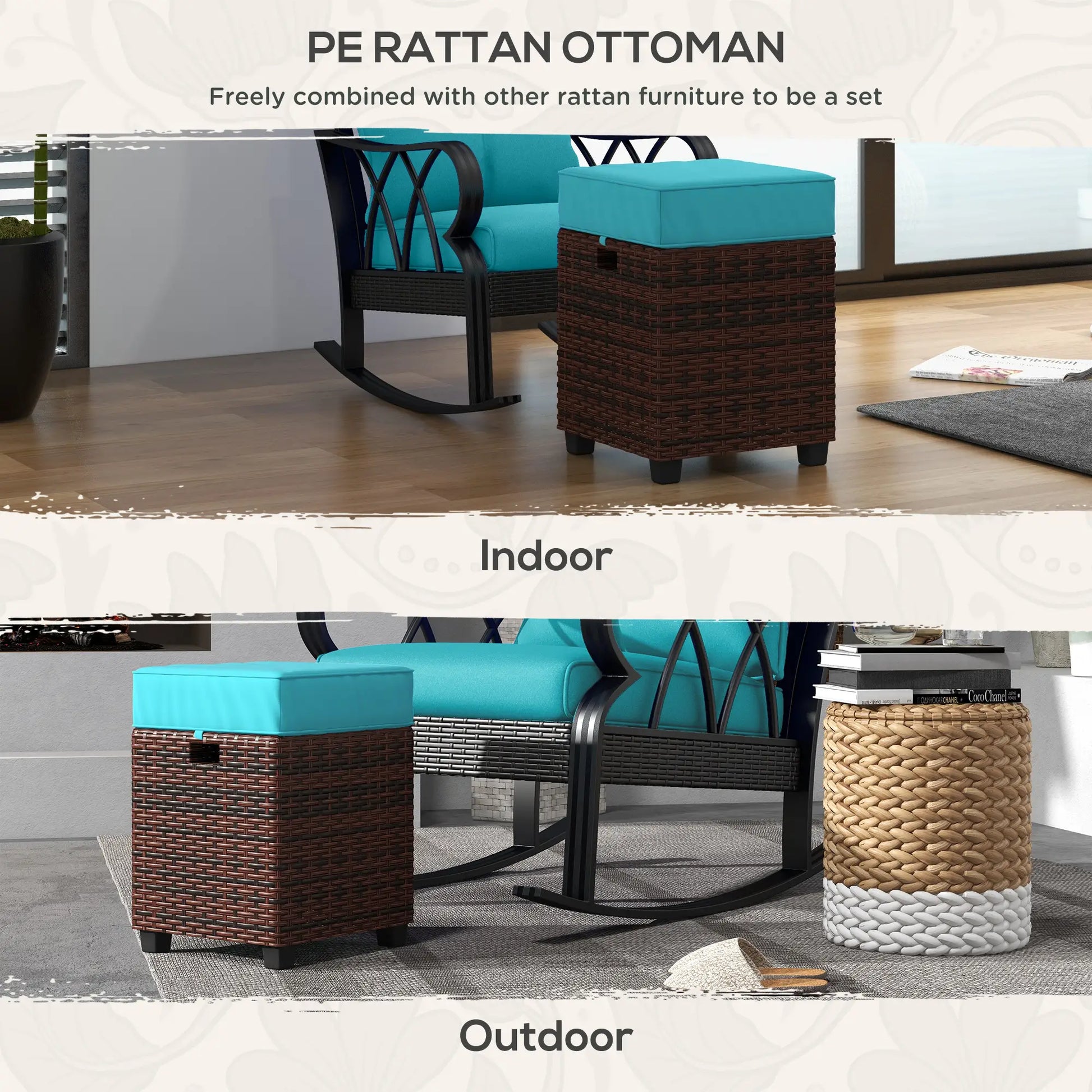 2 Pcs Square PE Rattan Ottoman Set, Outdoor Footrest with Removable Cushion, Sky Blue Patio Furniture Sets at Gallery Canada