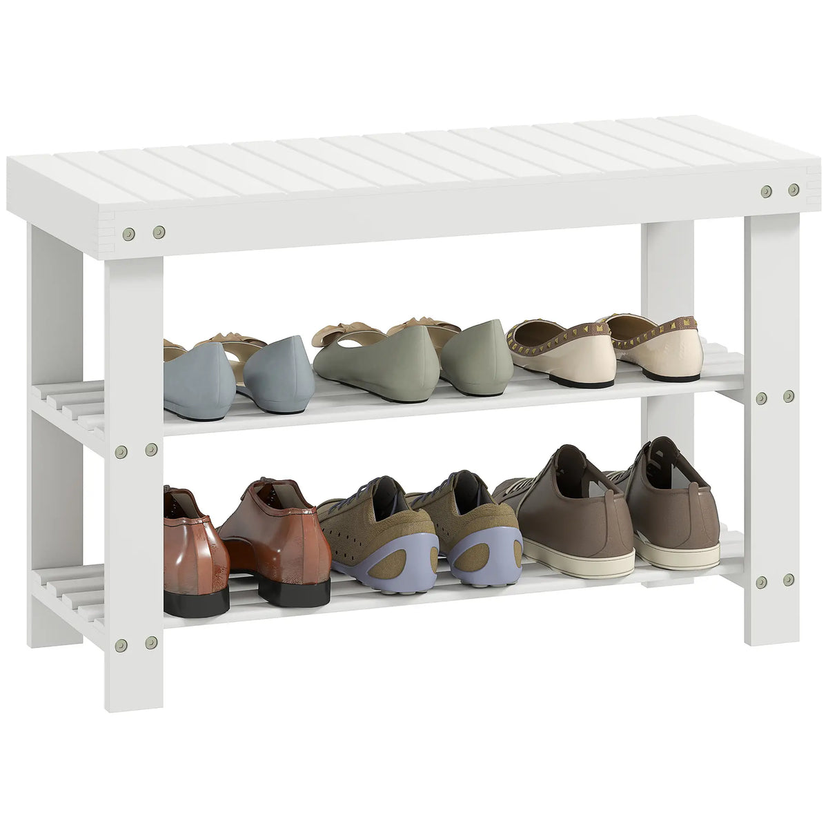 Bamboo Shoe Storage Bench, 3-Tier, 2 Shelves, Holds 6 Pairs, White