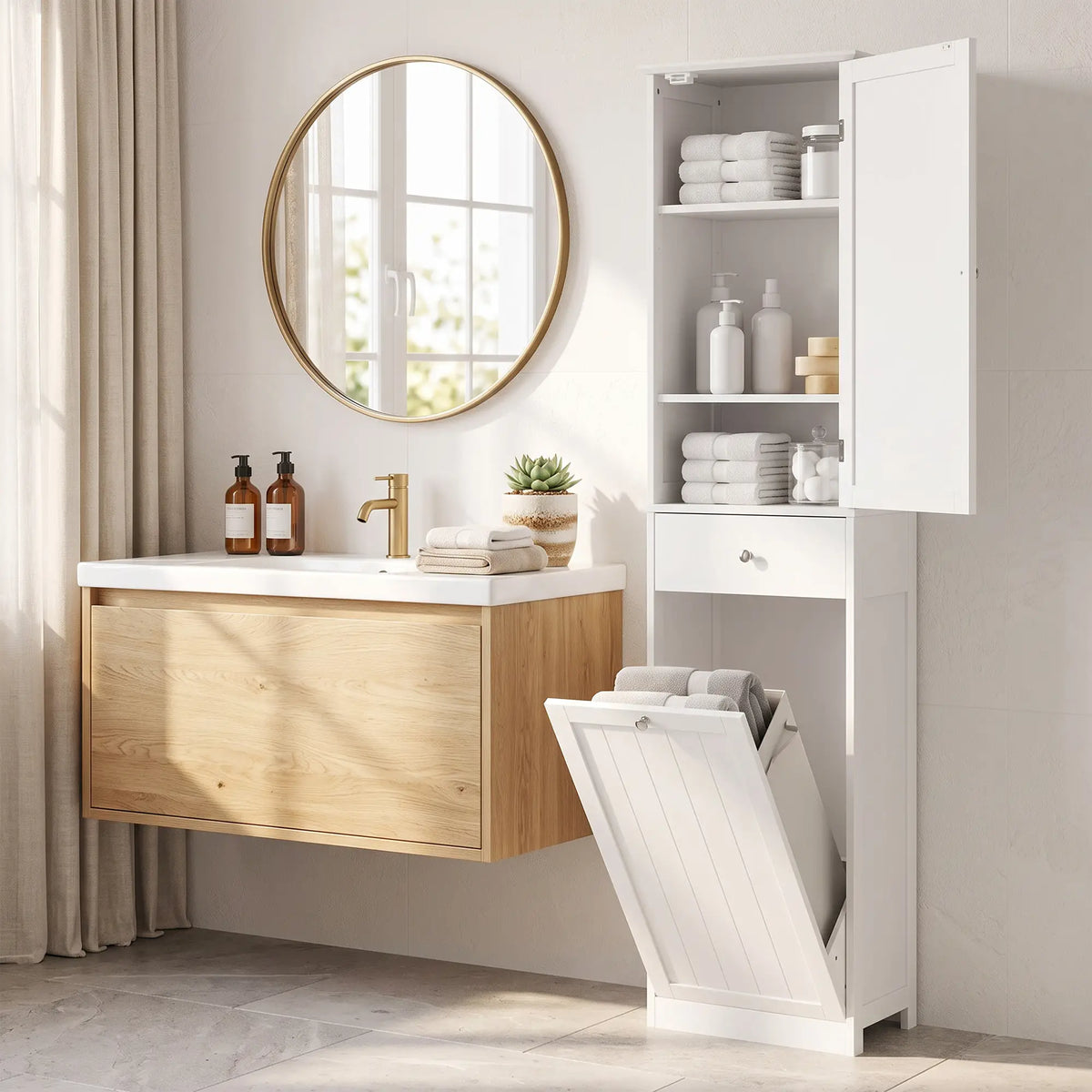 71" Tall Bathroom Storage Cabinet, Narrow with Laundry Basket, White