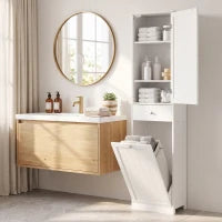 71" Tall Bathroom Storage Cabinet, Narrow with Laundry Basket, White